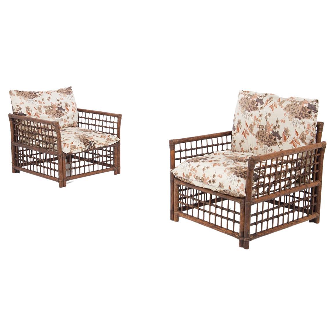 Vivai del Sud Vintage Wood and Rattan Armchairs W Floral Fabric