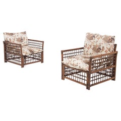 Vivai del Sud Vintage Wood and Rattan Armchairs W Floral Fabric