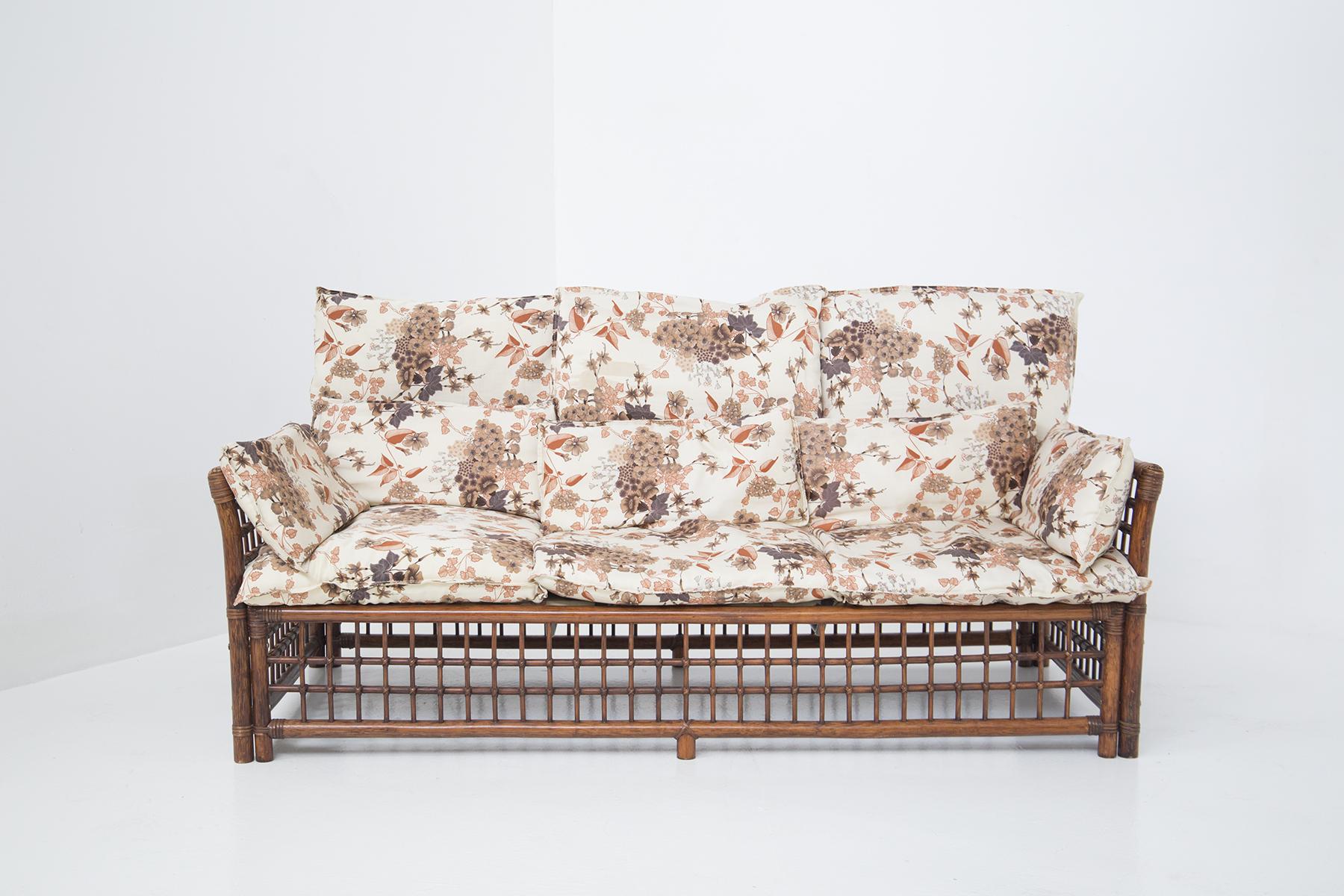 Vivai del Sud Vintage Wood and Rattan Sofa W Floral Fabric For Sale 5