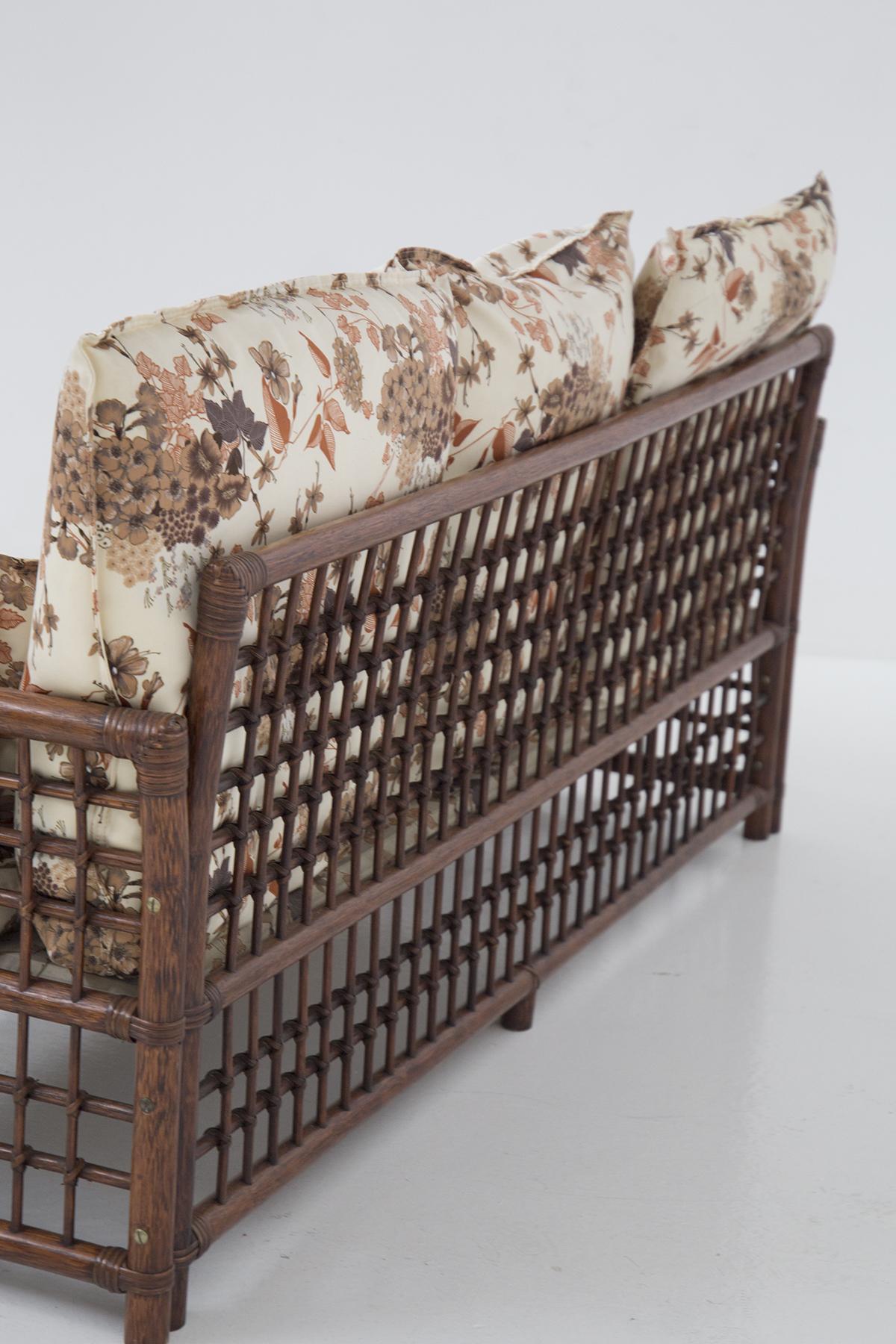 Vivai del Sud Vintage Wood and Rattan Sofa W Floral Fabric For Sale 2