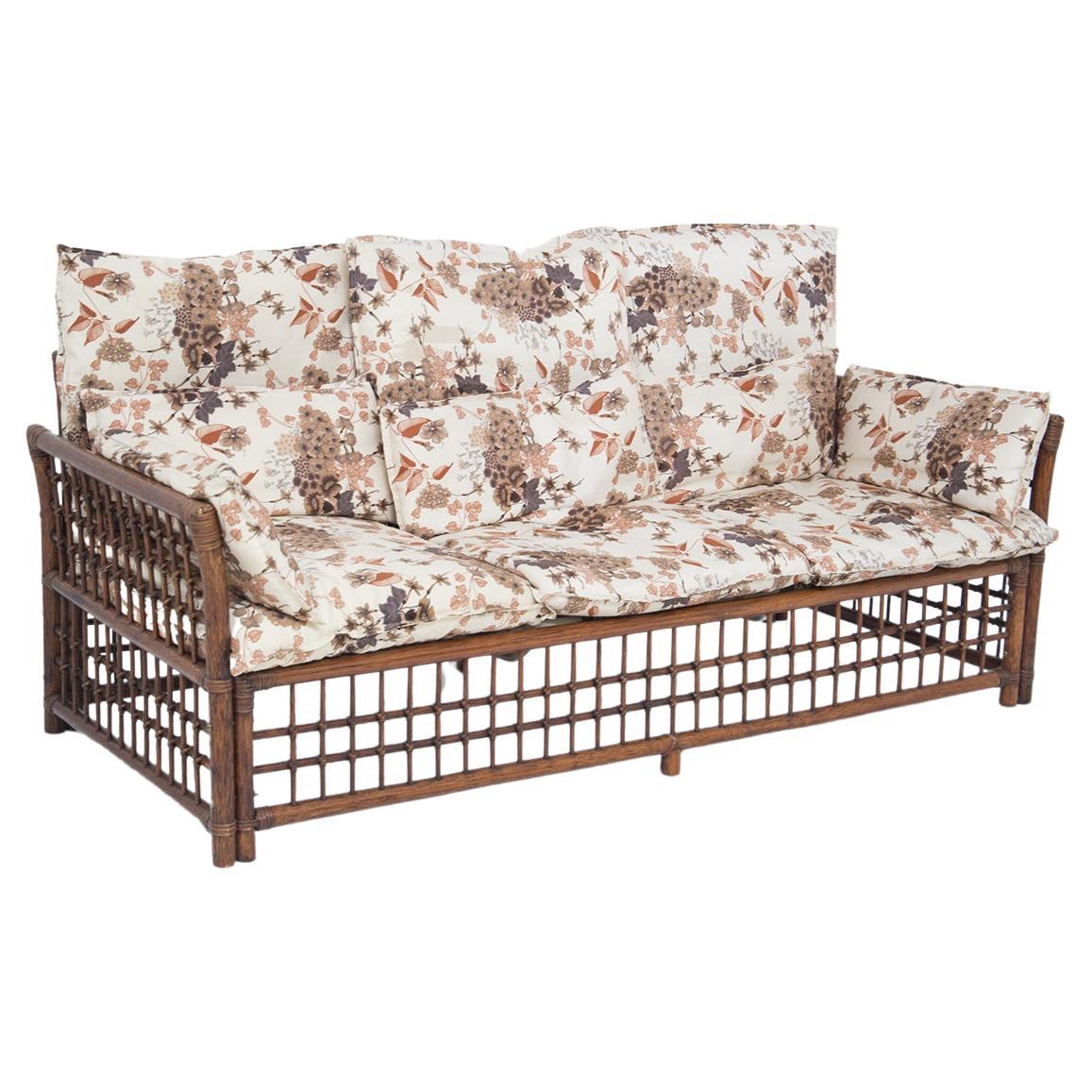 Vivai del Sud Vintage Wood and Rattan Sofa W Floral Fabric
