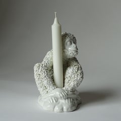 Vivai Del Sud White Ceramic Monkey Candlestick, Italy 1970s