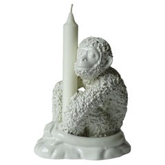 Vivai Del Sud White Ceramic Monkey Candlestick, Italy 1970s