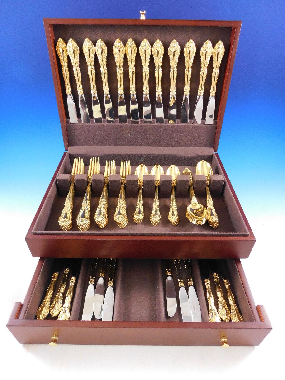 Stunning Vivaldi by Alvin sterling silver vermeil (completely gold-washed) flatware set - 72 pieces. This set includes:



12 Knives, 9 1/4