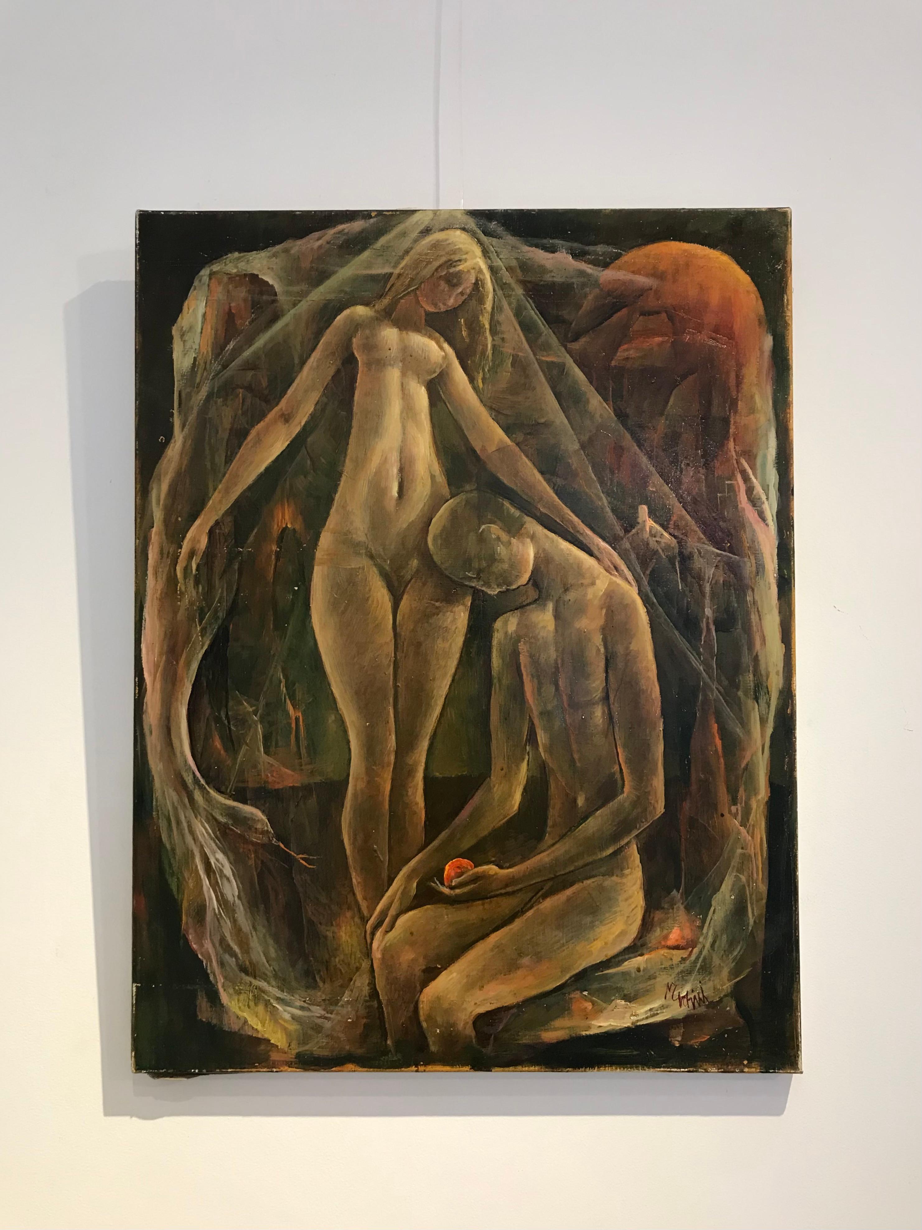 Le serpent et la pomme de Vivaldo Martini - Huile sur toile 50x65 cm en vente 1