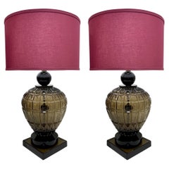 Vivarini 1970 Italian Used Pair of Black Smoked Murano Glass Plum Linen Lamps