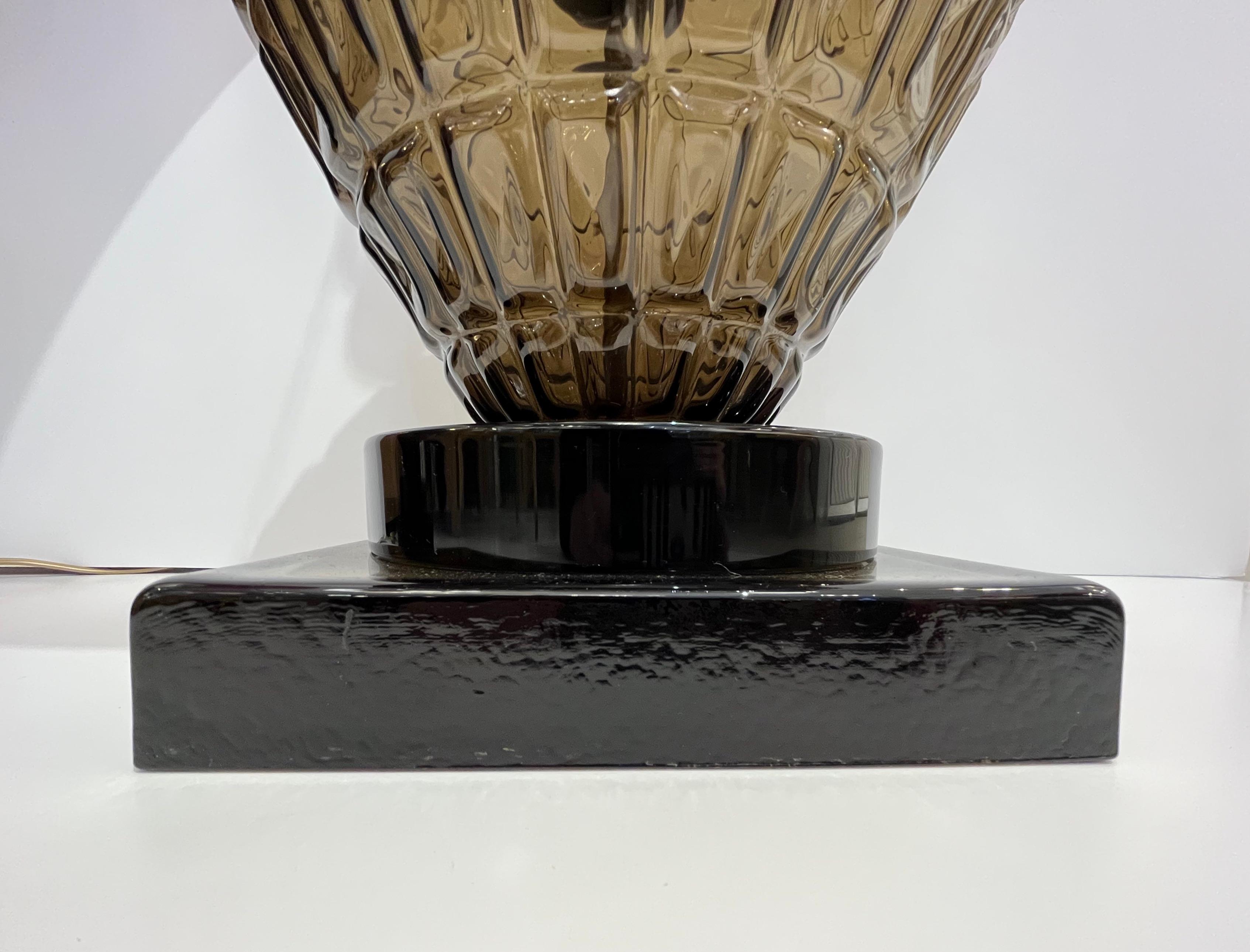 Mid-Century Modern Vivarini 1970 Italian Vintage Pair of Black Smoked Murano Glass Plum Linen Lamps