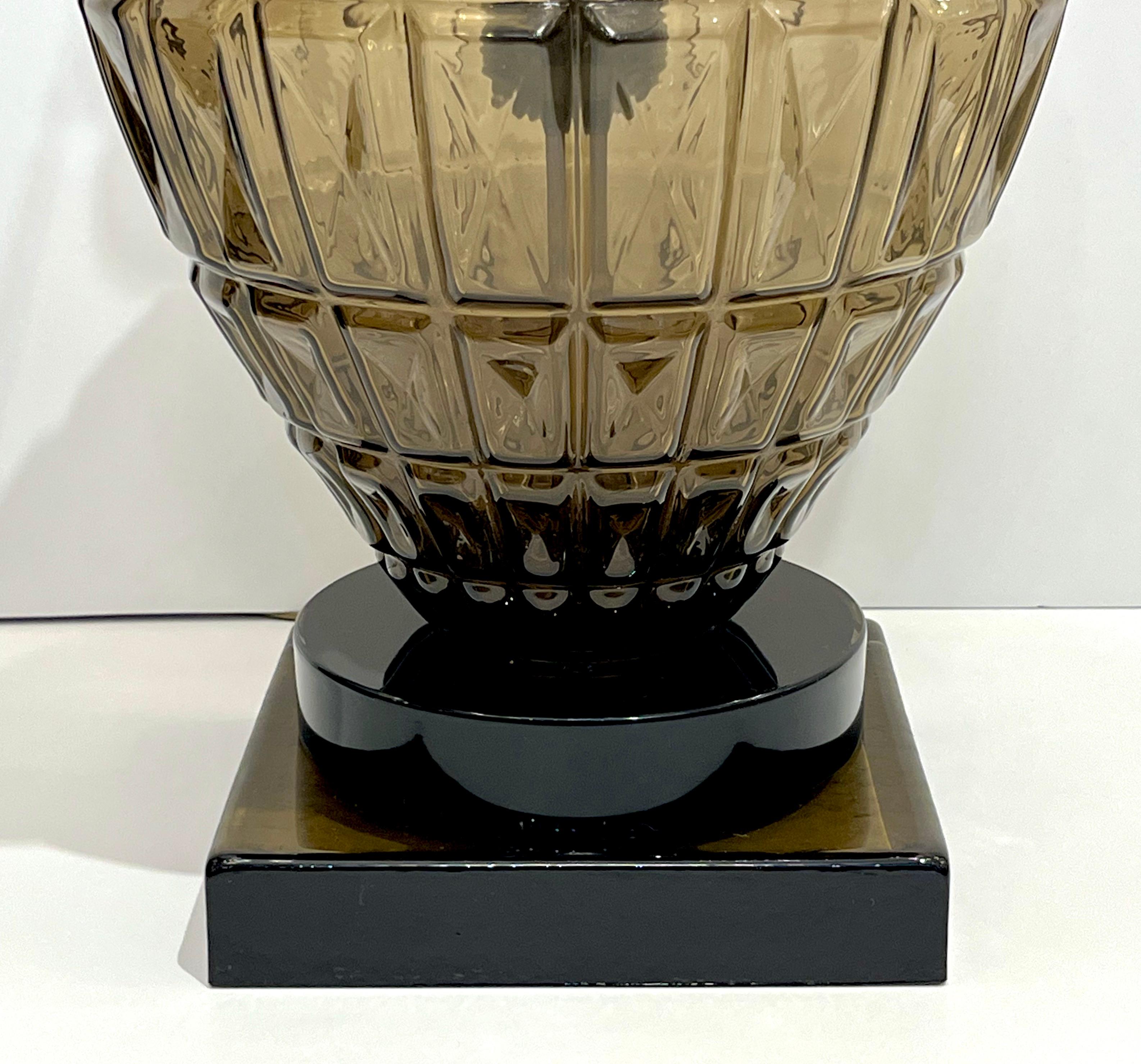 Brass Vivarini 1970 Italian Vintage Pair of Black Smoked Murano Glass Plum Linen Lamps