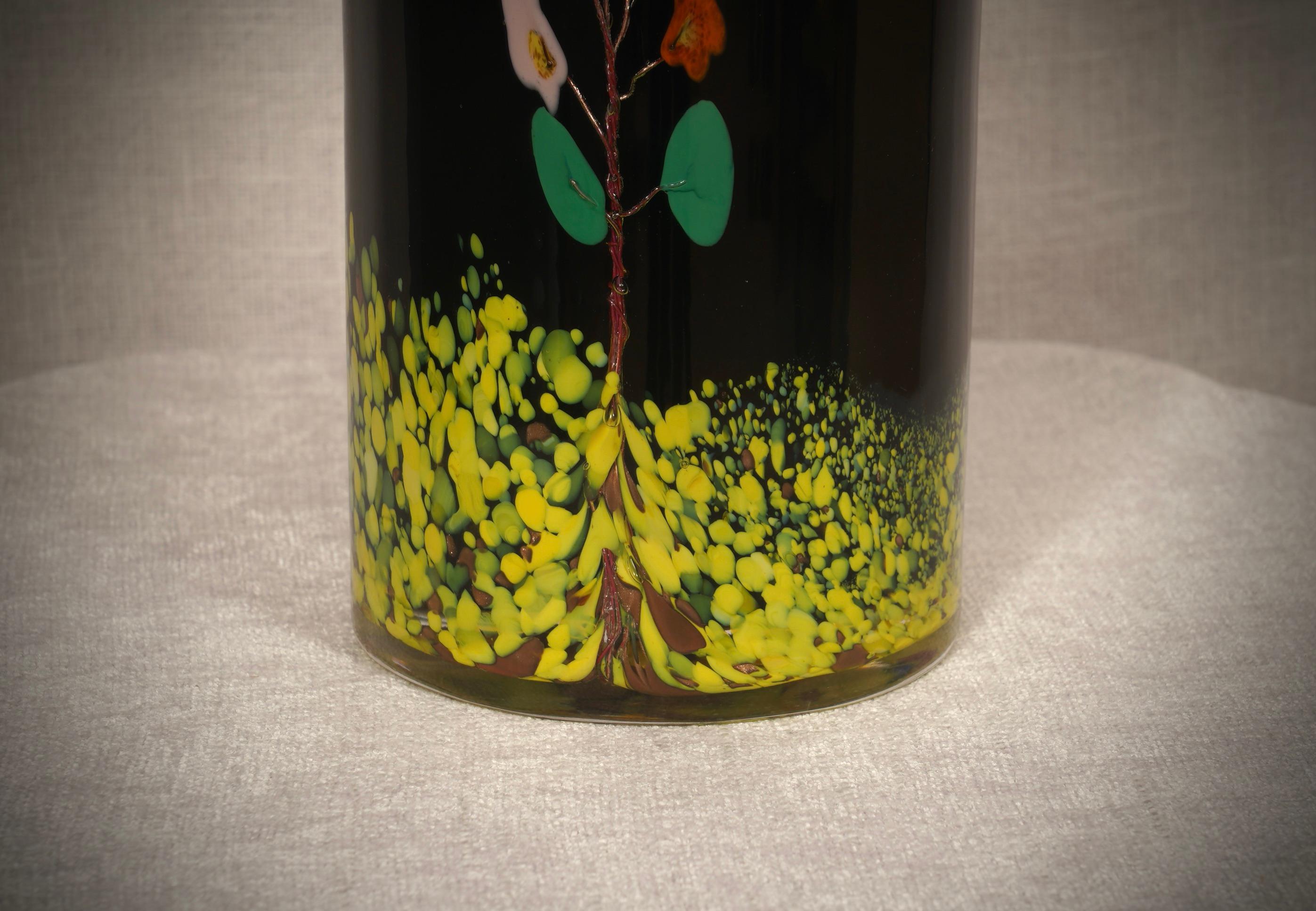 Italian Vivarini Murano Art Glass Round Black Vase, 1990 For Sale