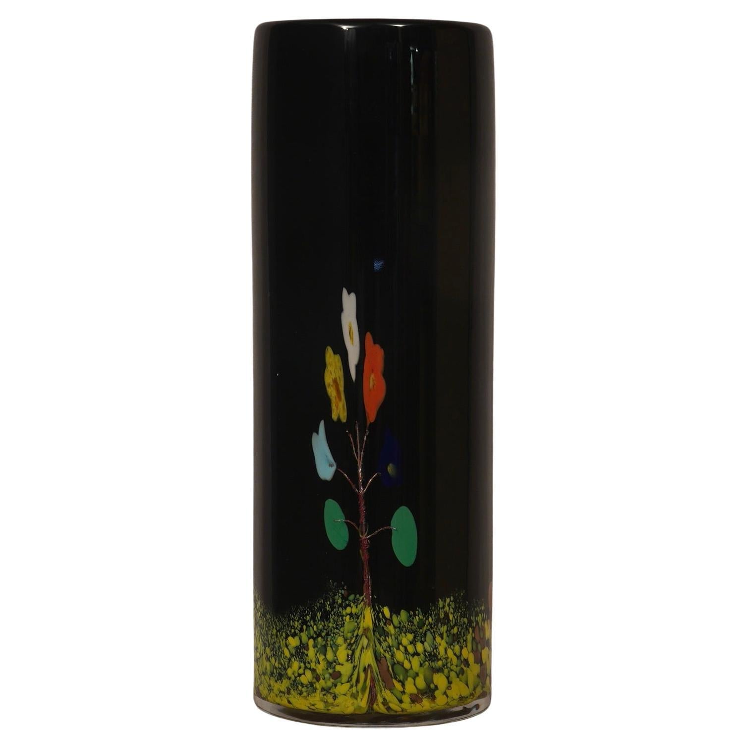 Vivarini Murano-Kunstglasvase, runde schwarze Vivarini-Vase, 1990