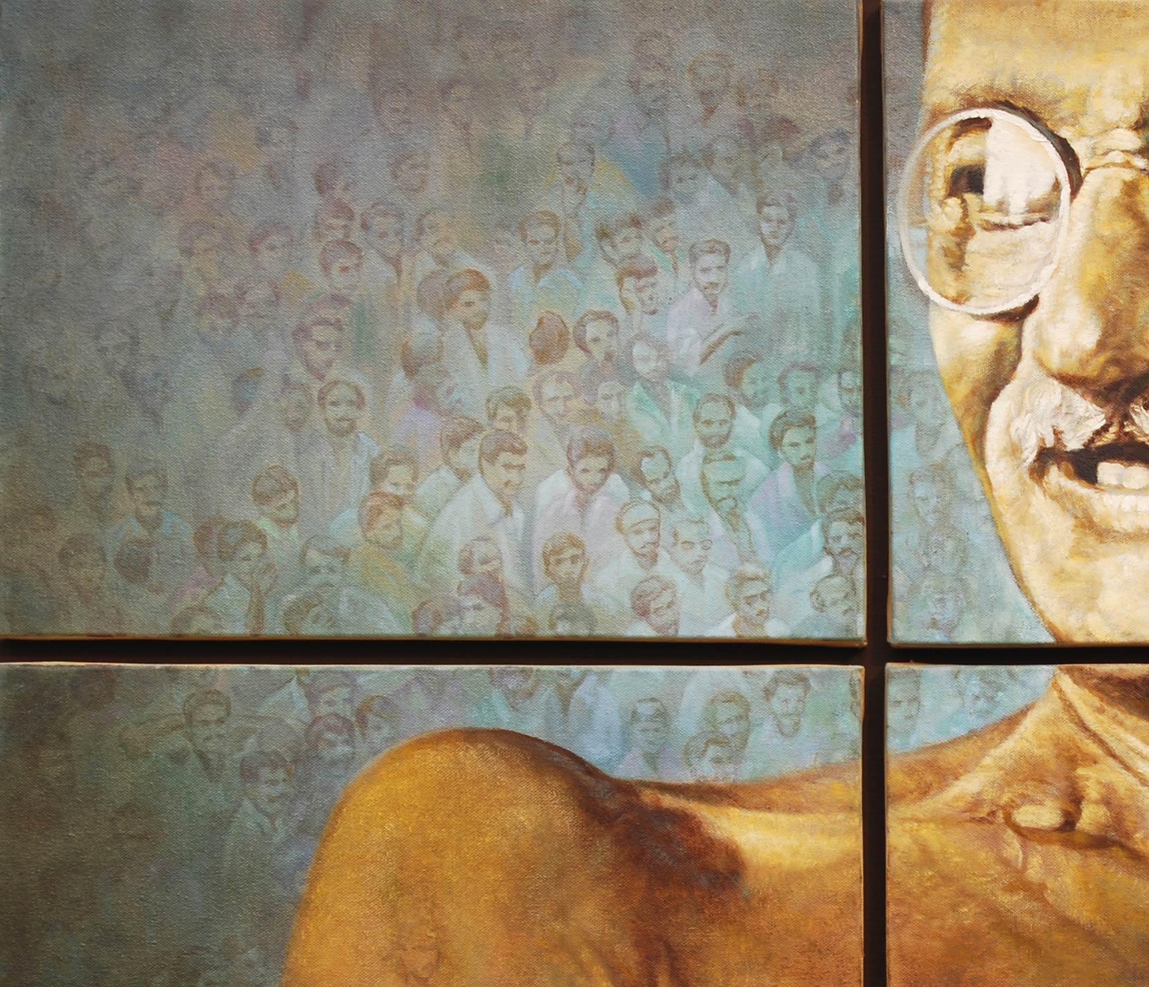 Reflections of Mahatama, Father of Nation, Oil Painting, Brown, Blue 