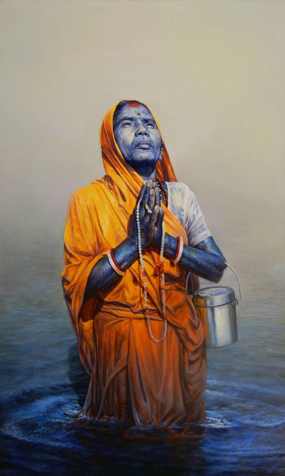 Subrata Saha Motia Women Painting Oil On Canvas Blue Green