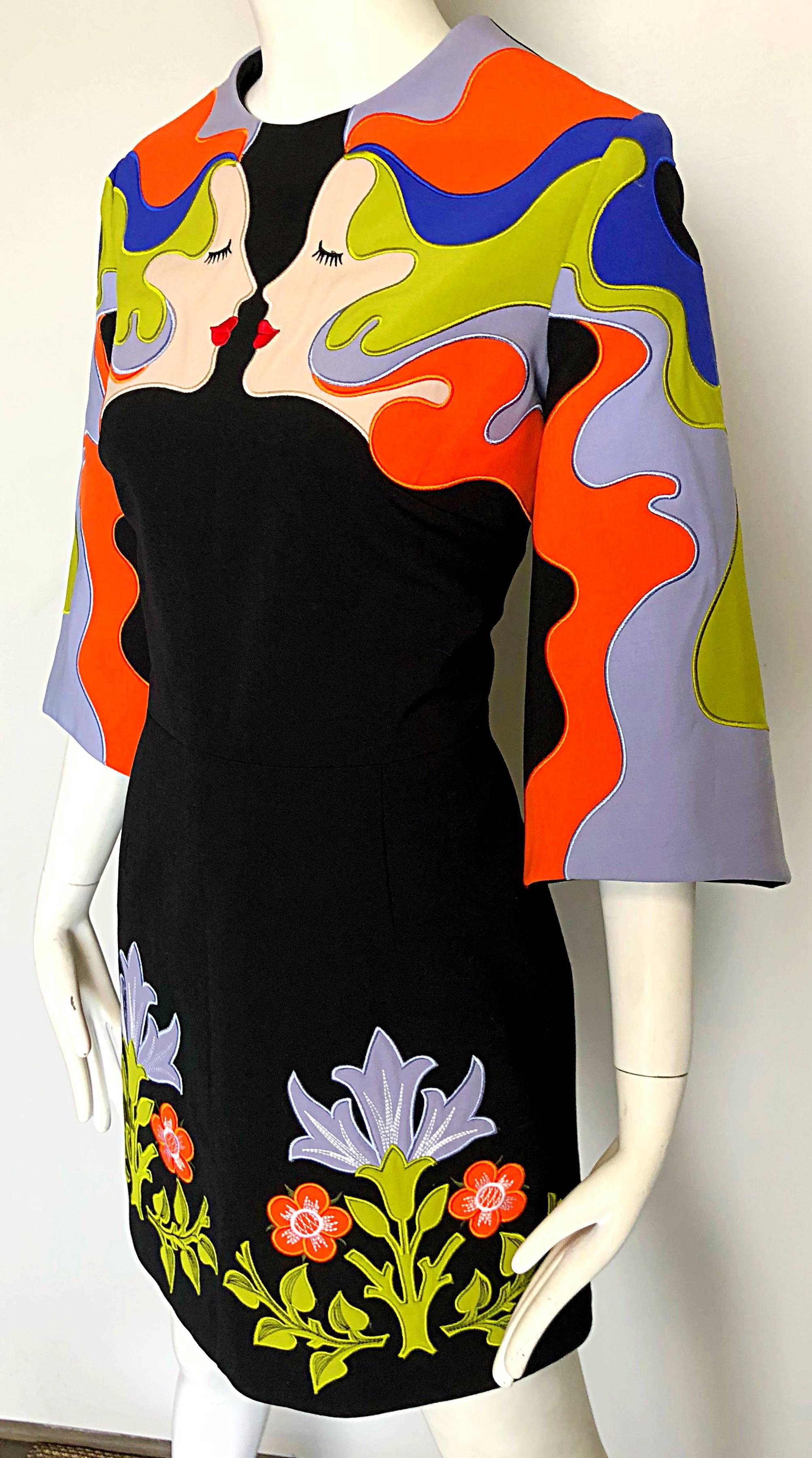 Women's Vivetta Avant Garde 1960s Style Kissing Beauties Black Embroidered Dress