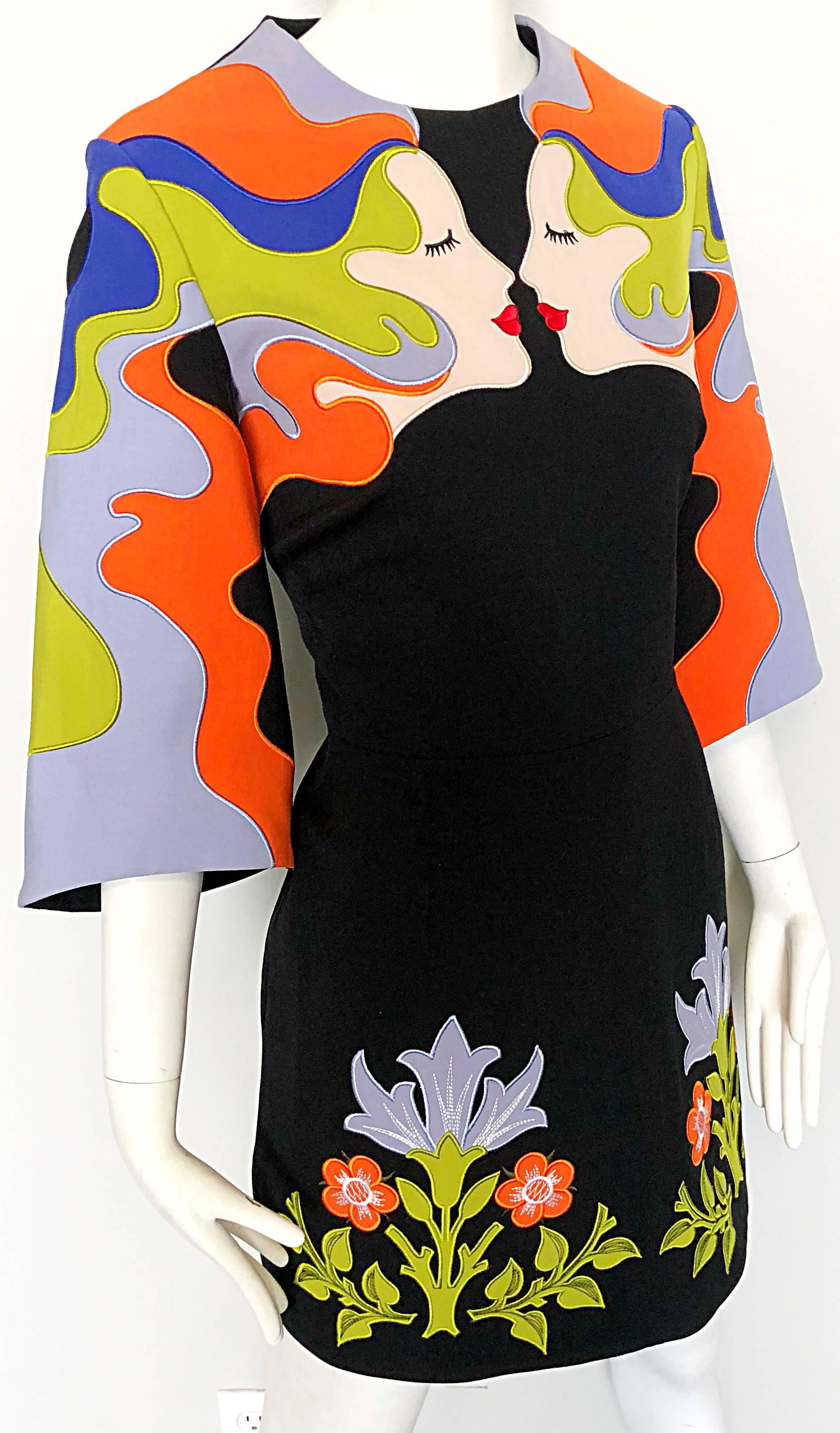 Vivetta Avant Garde 1960s Style Kissing Beauties Black Embroidered Dress 1