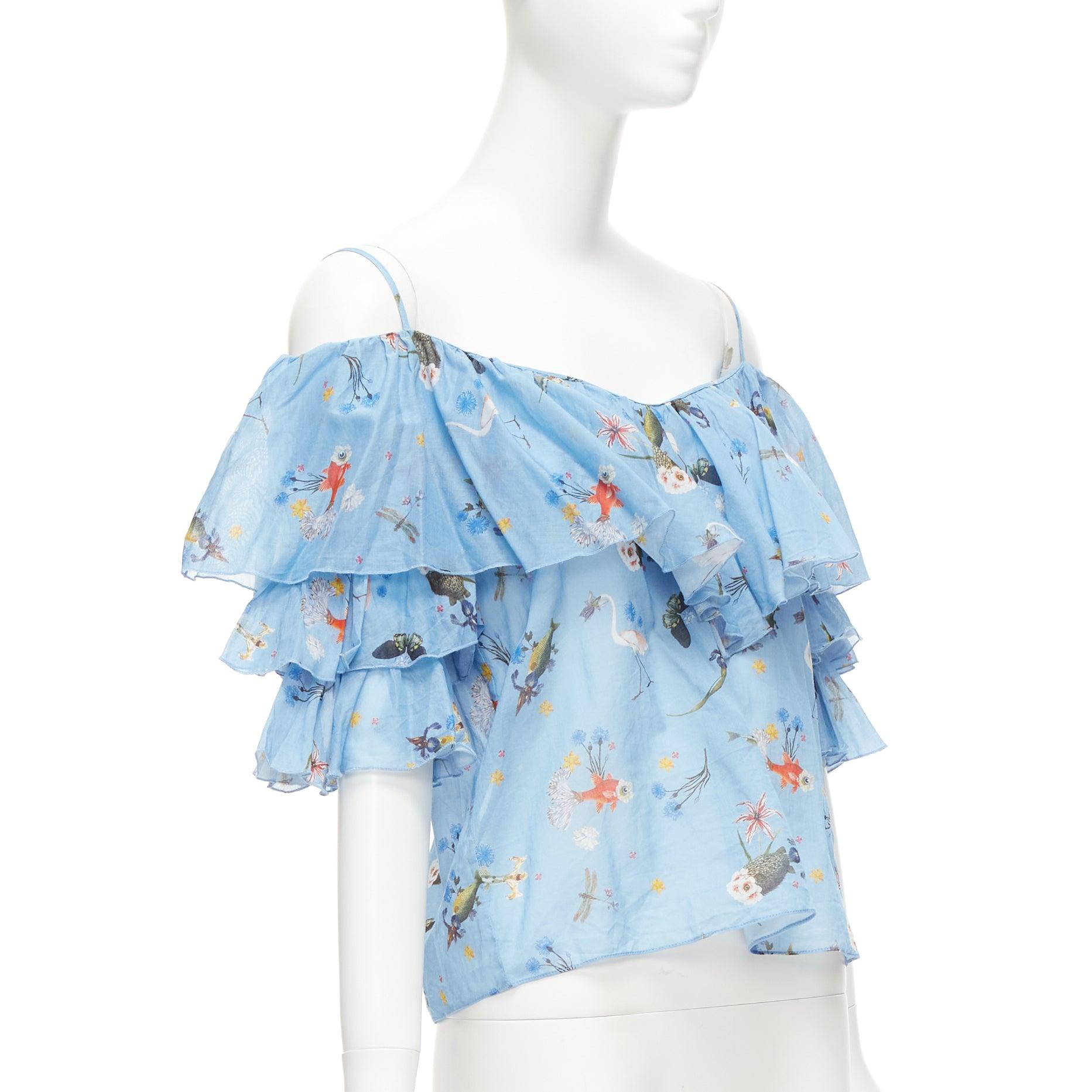 VIVETTA blue cotton animal floral print tiered bell sleeves strappy top IT40 S In Excellent Condition For Sale In Hong Kong, NT