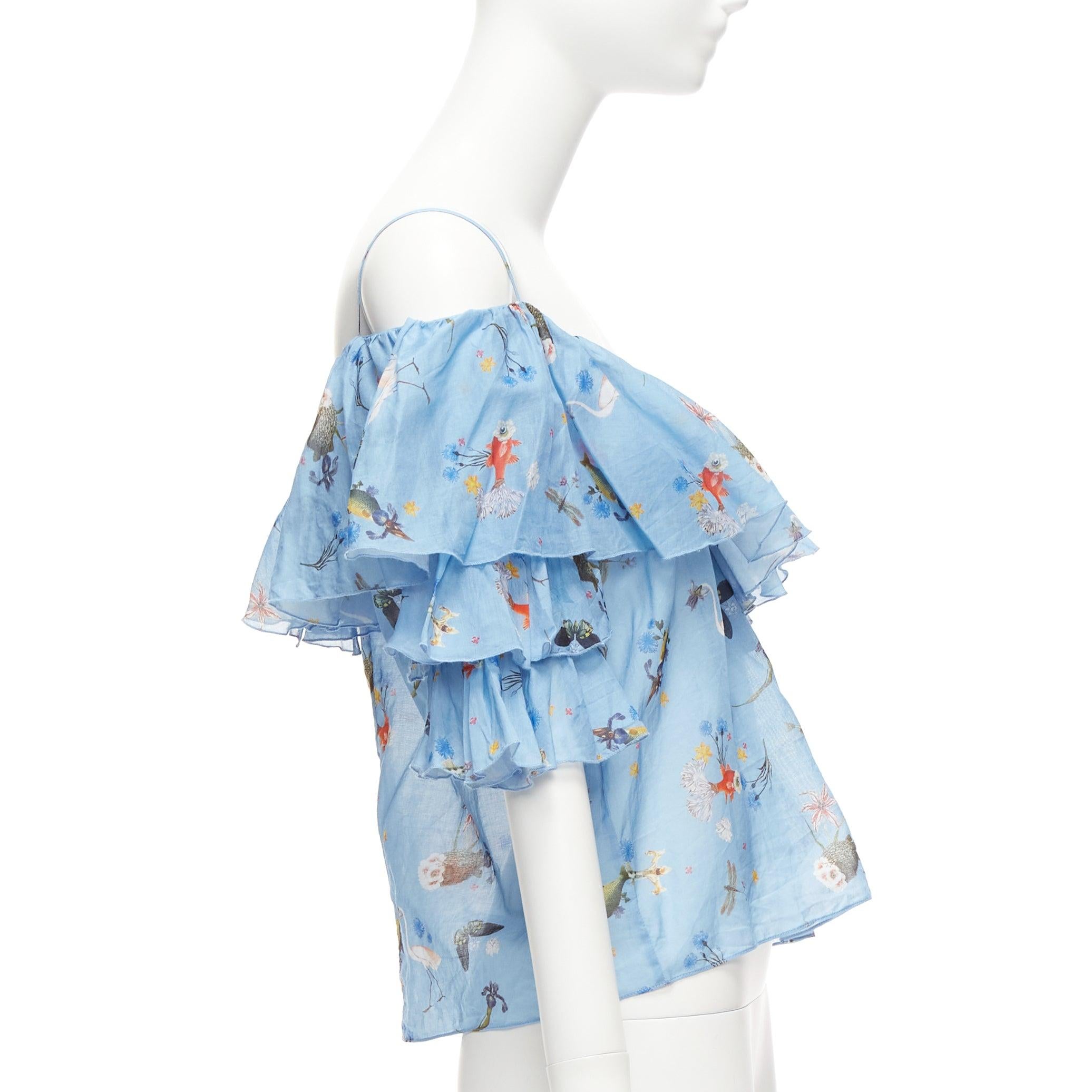 VIVETTA blue cotton animal floral print tiered bell sleeves strappy top IT40 S In Excellent Condition For Sale In Hong Kong, NT