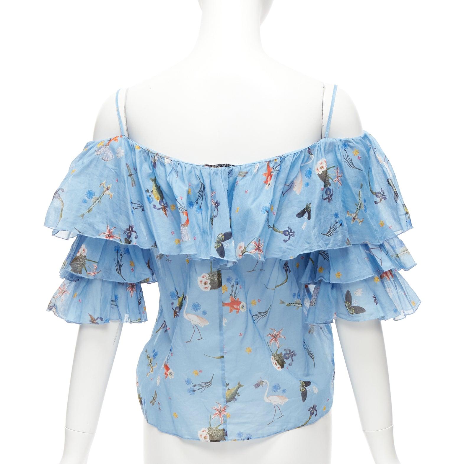Women's VIVETTA blue cotton animal floral print tiered bell sleeves strappy top IT40 S For Sale