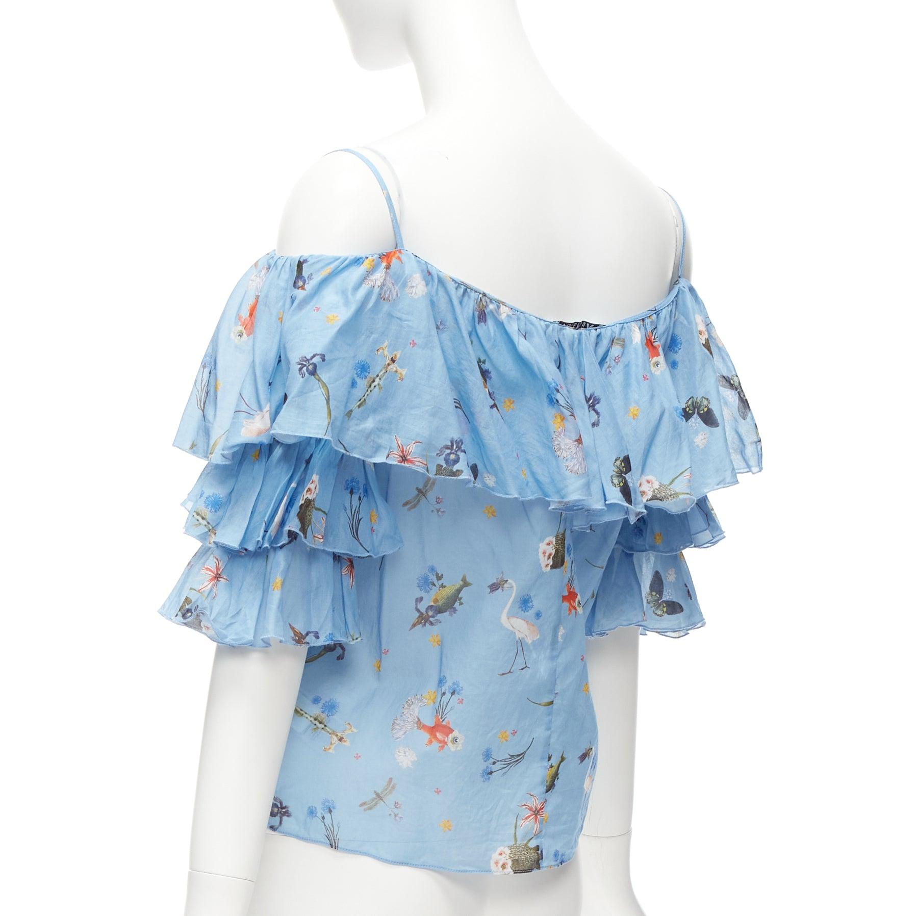 VIVETTA blue cotton animal floral print tiered bell sleeves strappy top IT40 S For Sale 1