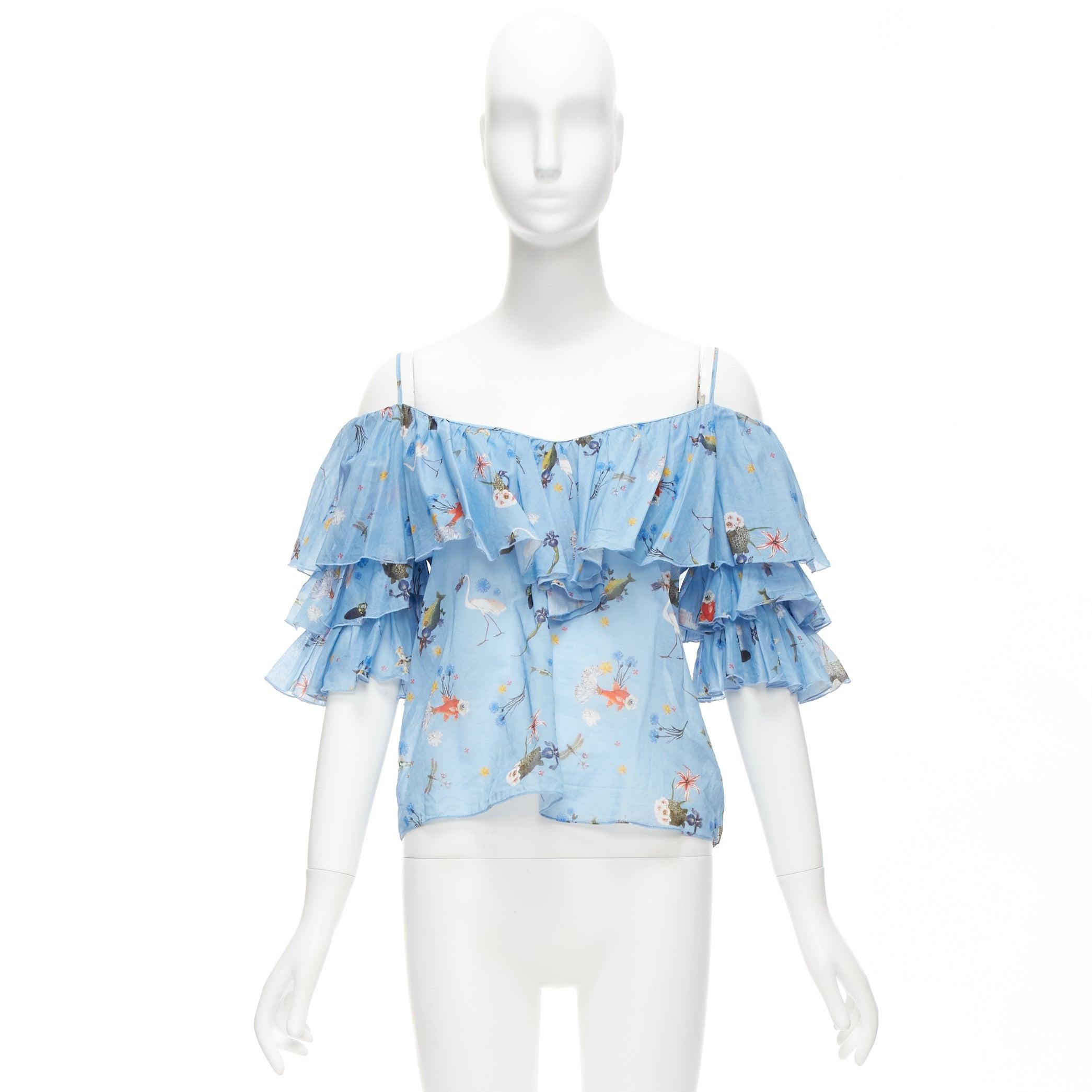VIVETTA blue cotton animal floral print tiered bell sleeves strappy top IT40 S For Sale 5