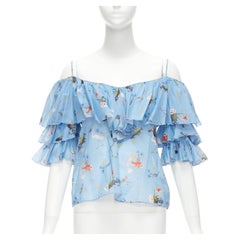VIVETTA blue cotton animal floral print tiered bell sleeves strappy top IT40 S