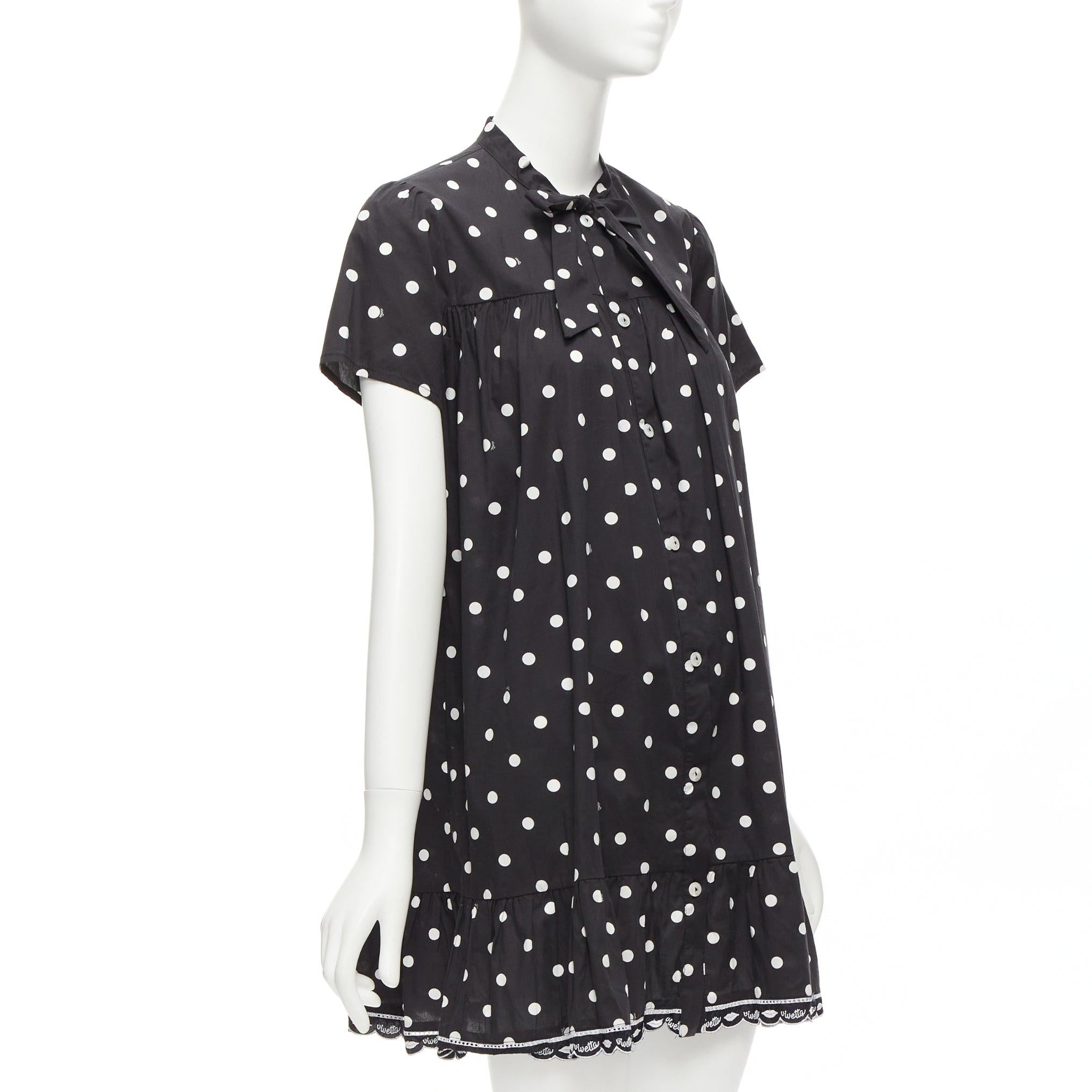 VIVETTA Kids black white cotton blend polka dot ruffle logo trim sundress 14Y XS In Excellent Condition For Sale In Hong Kong, NT