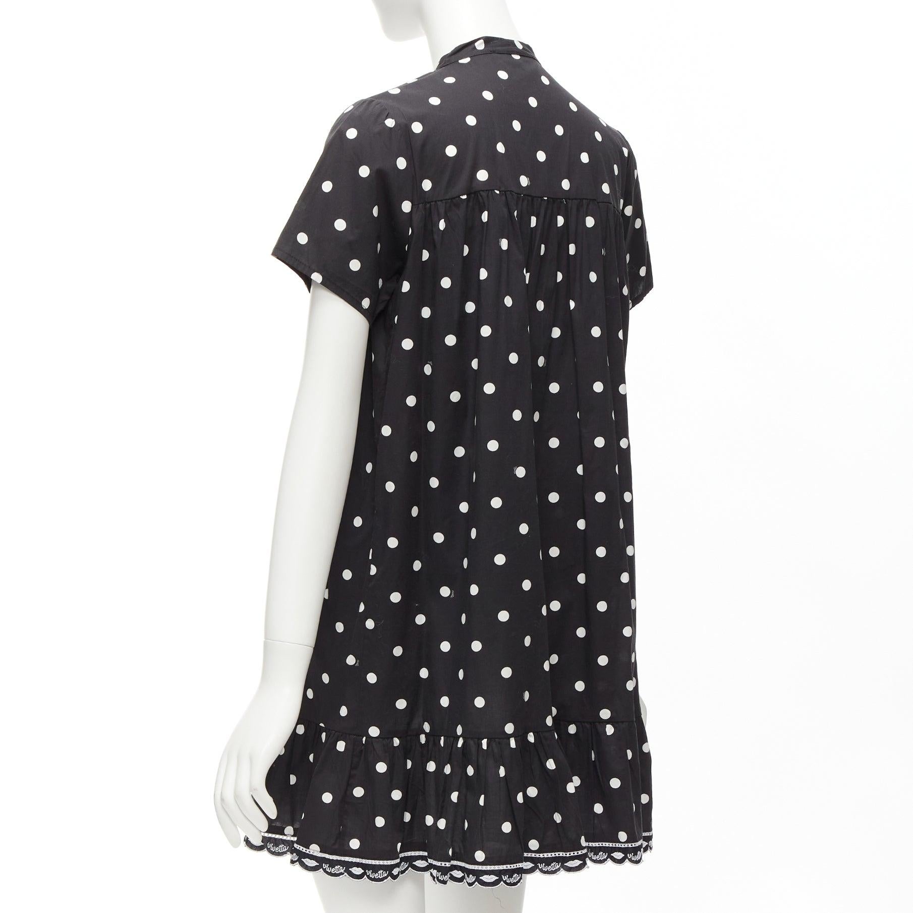 VIVETTA Kids black white cotton blend polka dot ruffle logo trim sundress 14Y XS For Sale 2