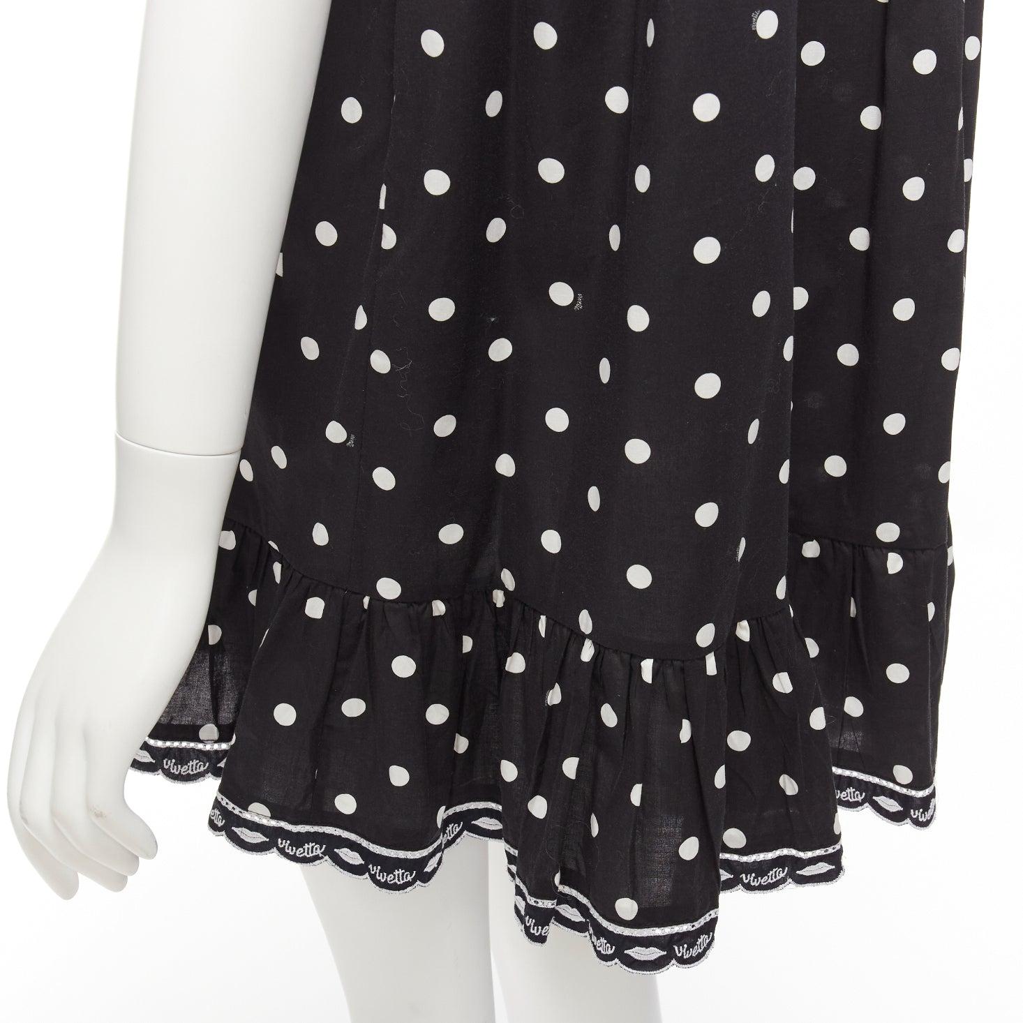 VIVETTA Kids black white cotton blend polka dot ruffle logo trim sundress 14Y XS For Sale 3
