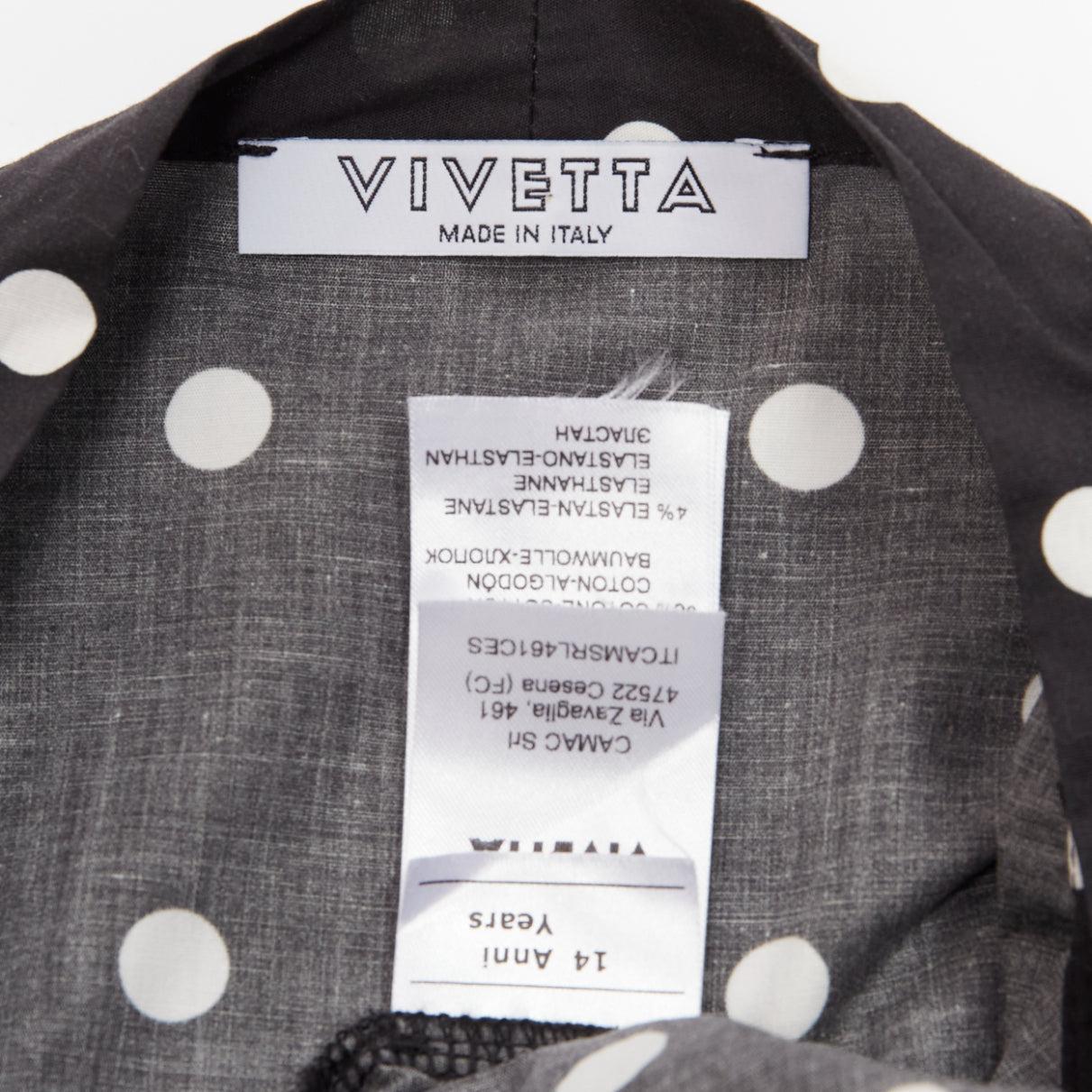VIVETTA Kids black white cotton blend polka dot ruffle logo trim sundress 14Y XS For Sale 4
