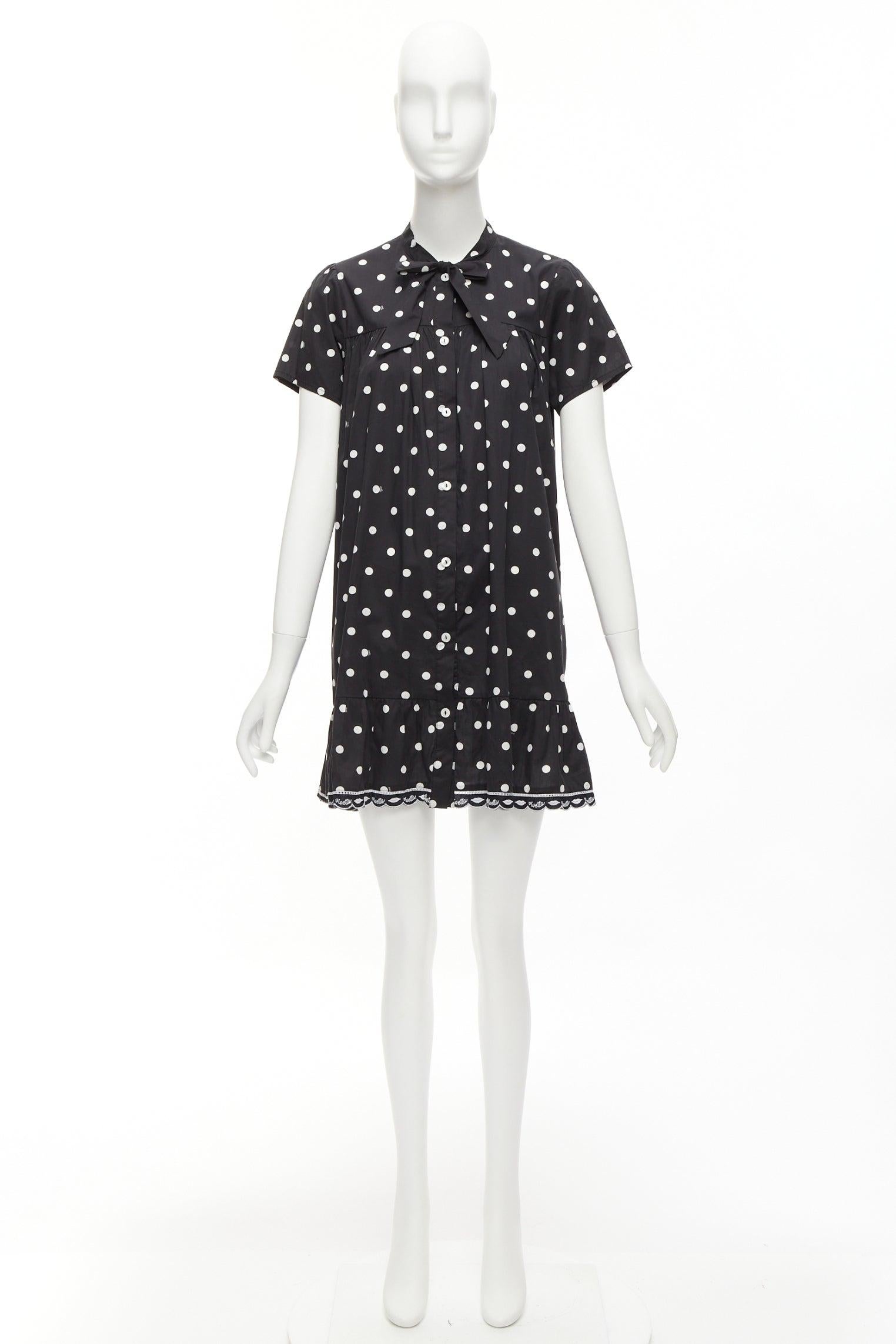 VIVETTA Kids black white cotton blend polka dot ruffle logo trim sundress 14Y XS For Sale 5