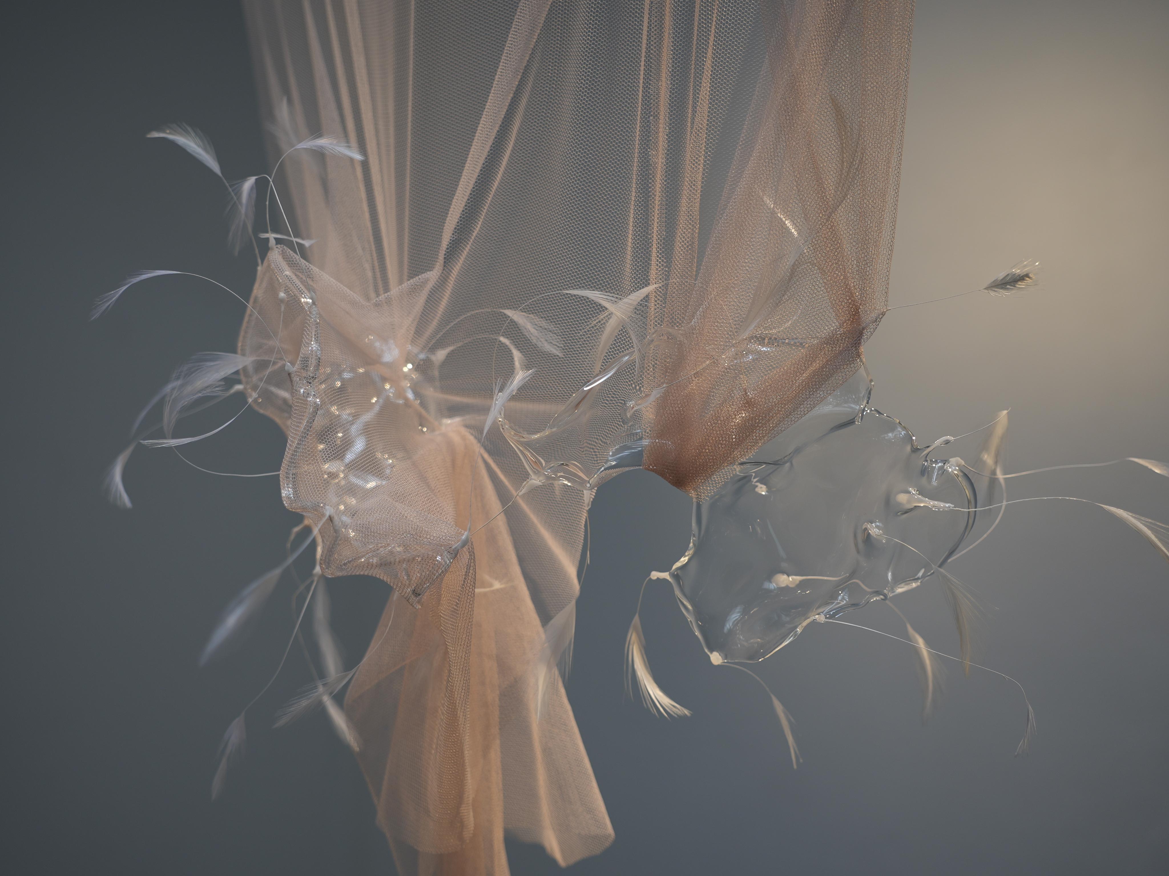 Contemporary Feather, Glass and Textile Installation by Vivian Alarcón - Abstract Sculpture by Vivian Alarcon