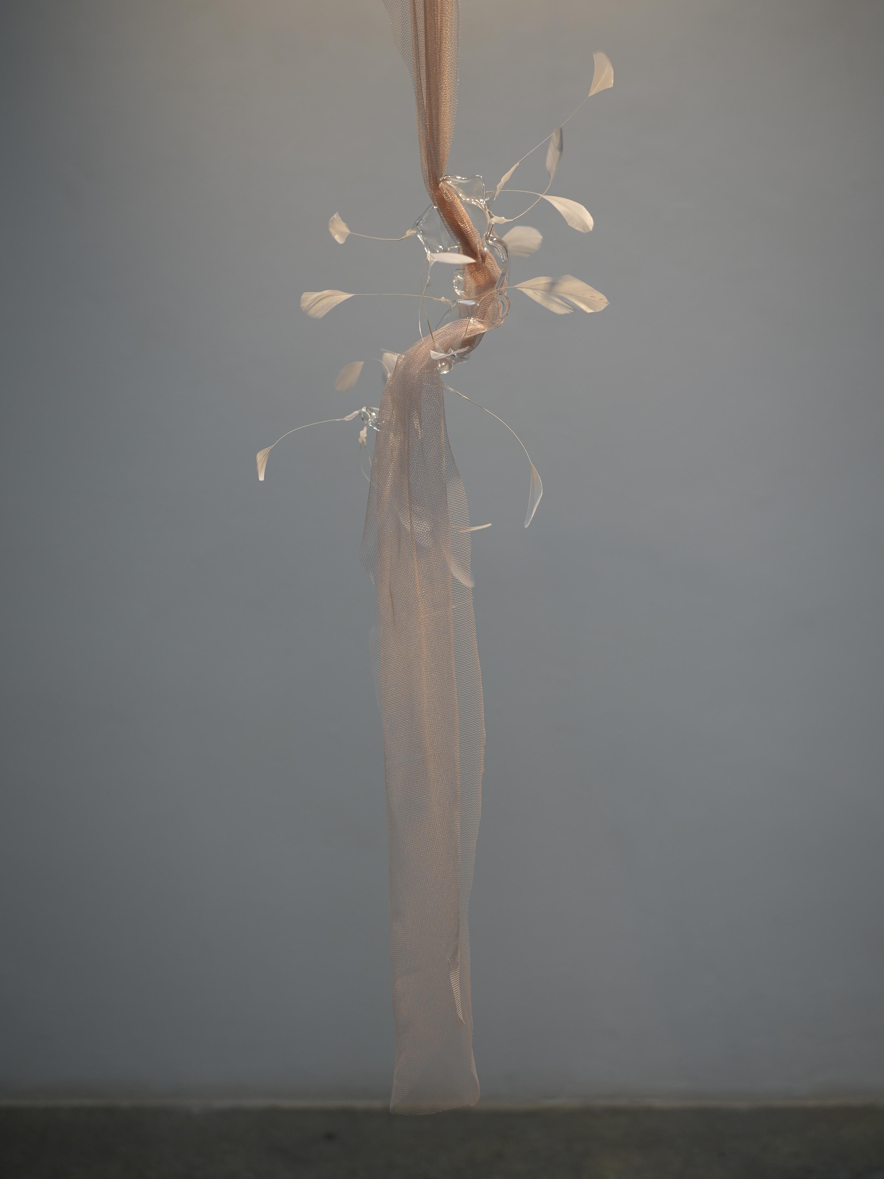 Contemporary Feather, Glass and Textile Installation by Vivian Alarcón - Gray Abstract Sculpture by Vivian Alarcon