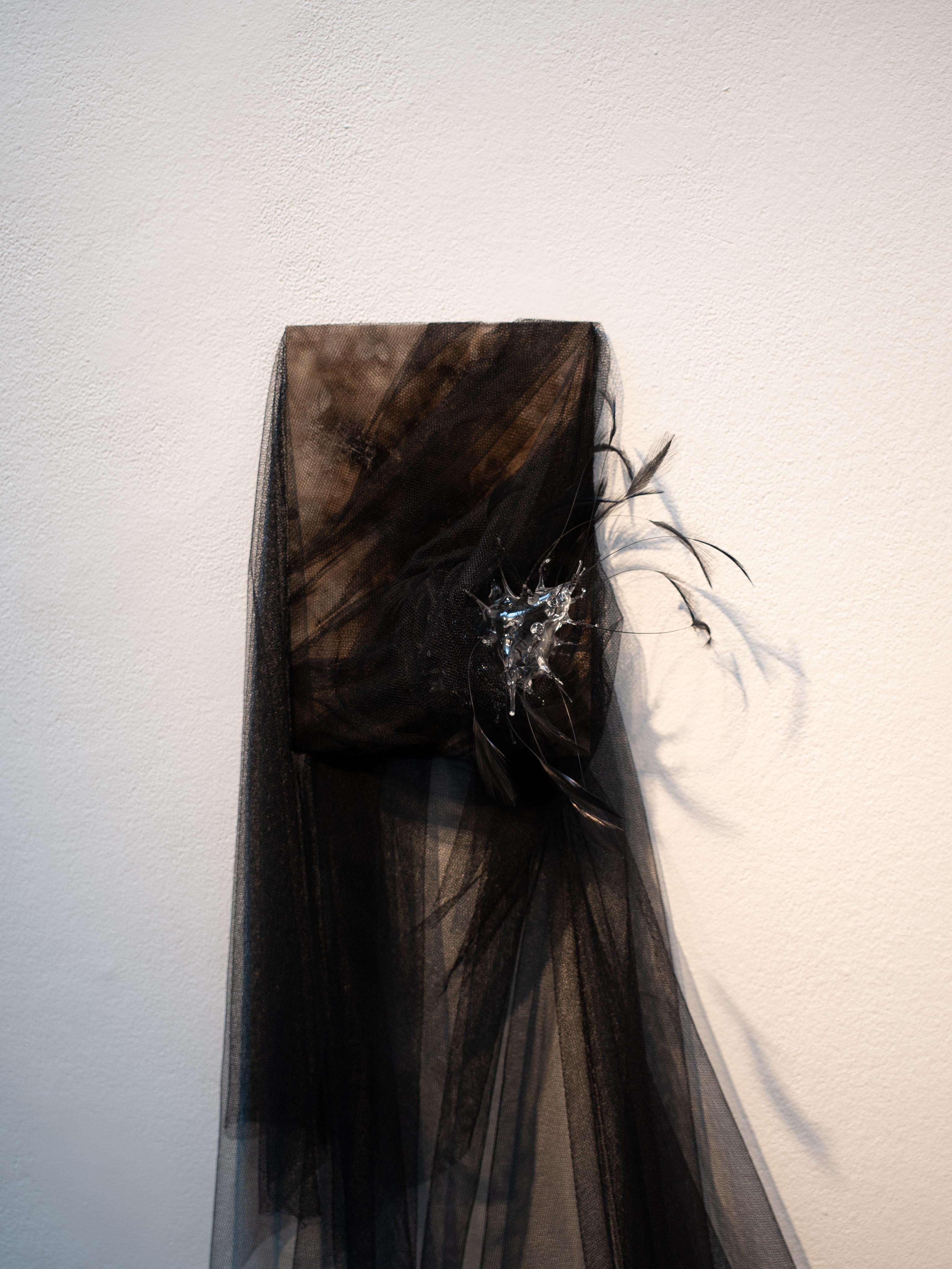 Feather and Glass Installation Artwork “Suspended Whispers” by Vivian Alarcón - Sculpture by Vivian Alarcon