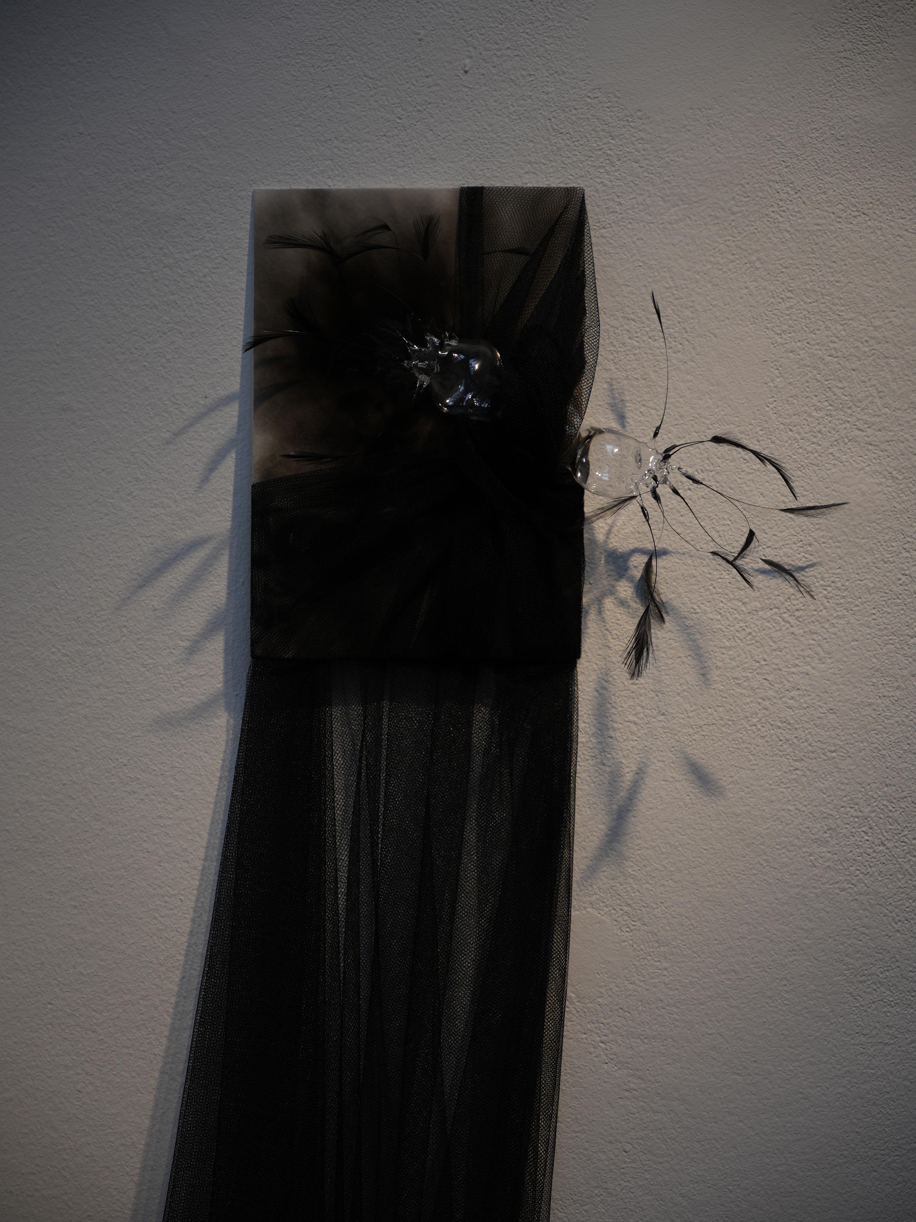 Feather and Glass Installation Artwork “Suspended Whispers” by Vivian Alarcón - Abstract Sculpture by Vivian Alarcon