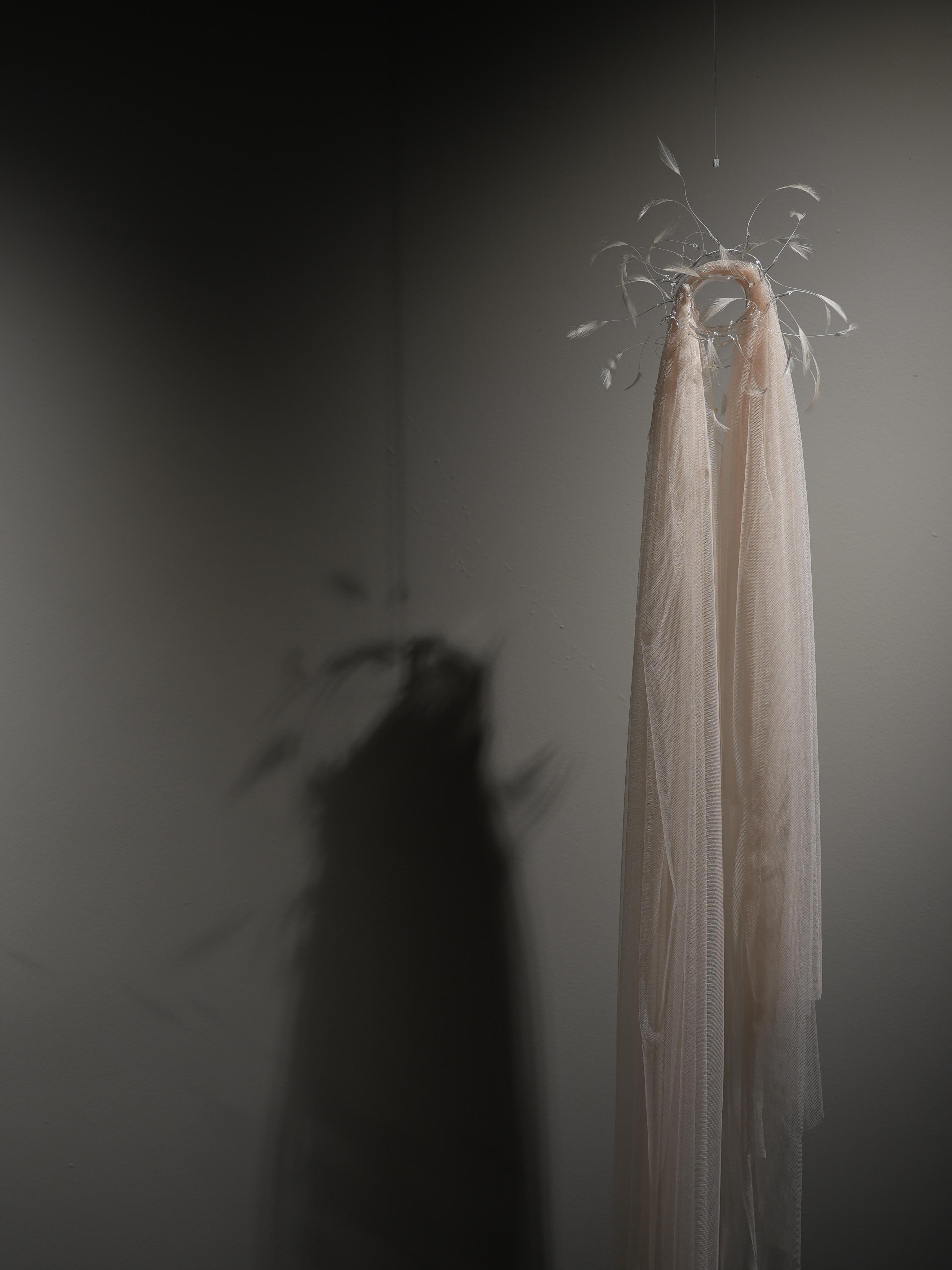 Textile and Glass Hanging Sculpture “Suspended Whispers” by Vivian Alarcón - Gray Abstract Sculpture by Vivian Alarcon