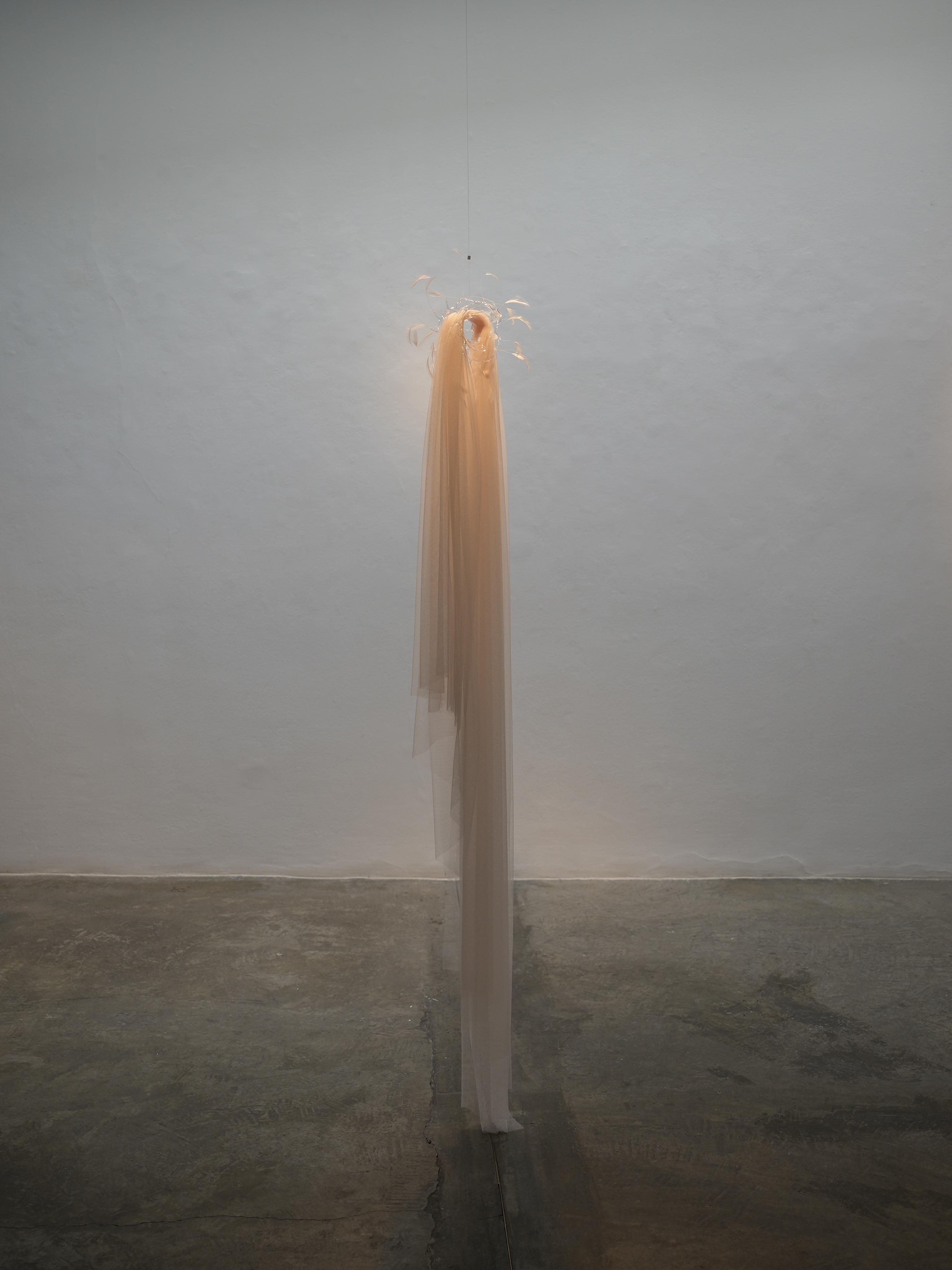 Vivian Alarcon Abstract Sculpture - Textile and Glass Hanging Sculpture “Suspended Whispers” by Vivian Alarcón