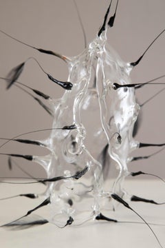 Vivian Alarcón: scultura contemporanea astratta in vetro e piume nere, intitolata “Hiatus”