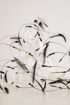 Vivian Alarcón Contemporary Glass Sculpture with Black Feathers, Genesis