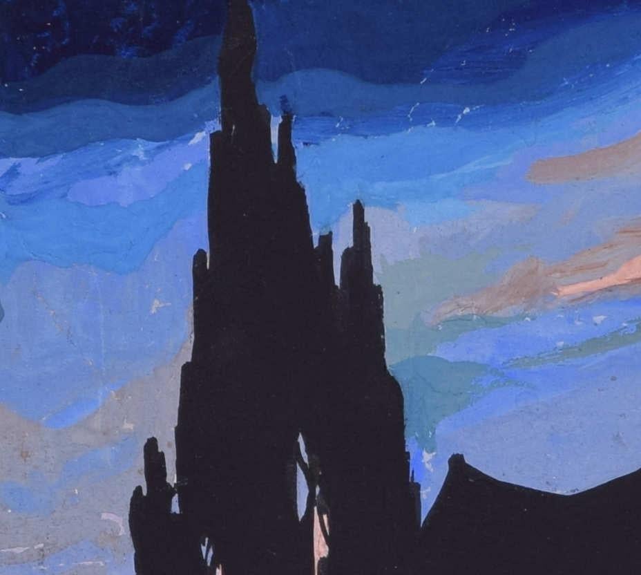 Vivian Bewick 
Night must fall, original vintage book cover
Poster colours
24 x 16 cm 
Signed to reverse

This vibrant work was originally a book cover design for the play 'Night Must Fall' by Emlyn Williams. This psychological thriller follows the