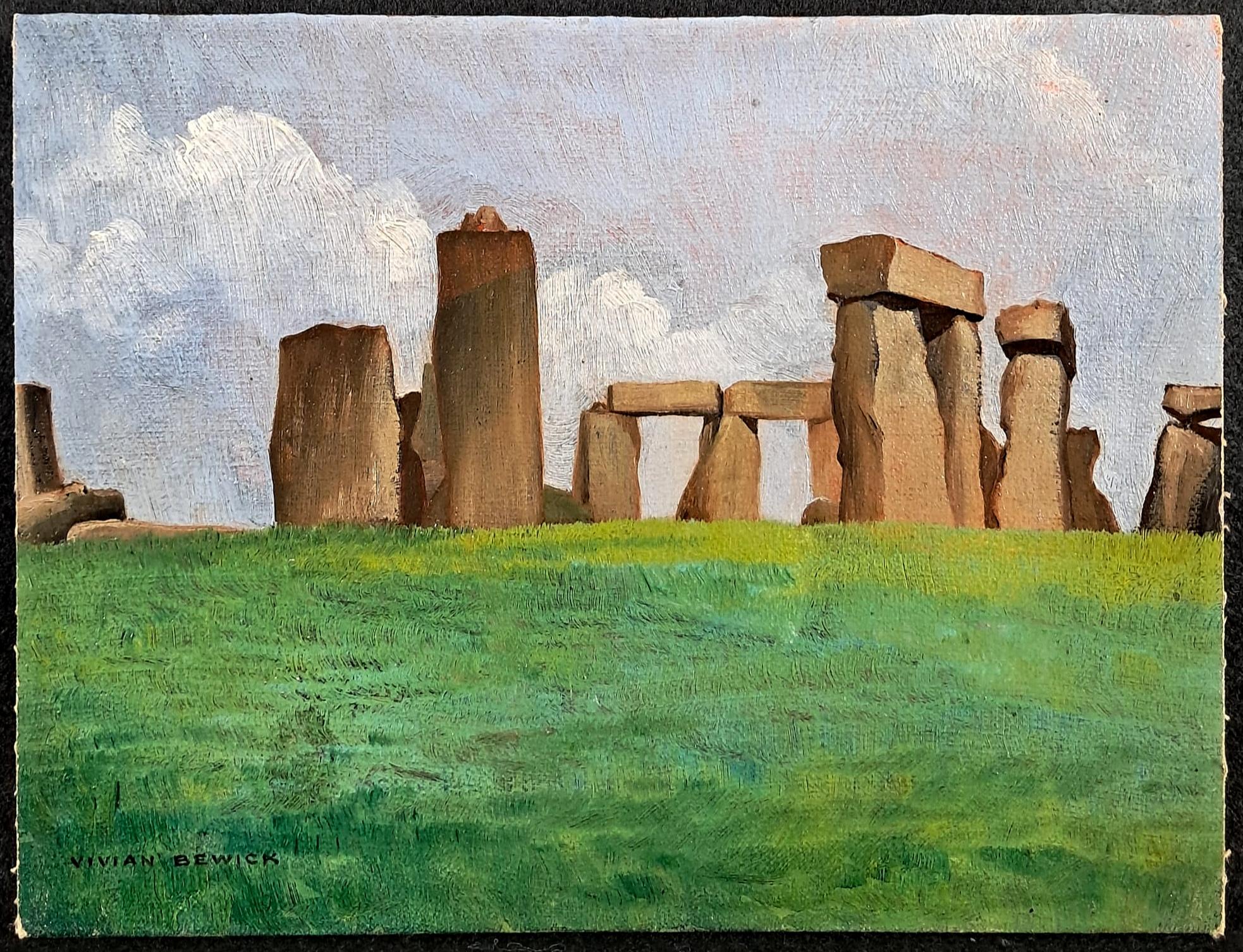 Stonehenge - Pittura ad olio di paesaggio britannico moderno della metà del XX secolo - Painting di Vivian Bewick