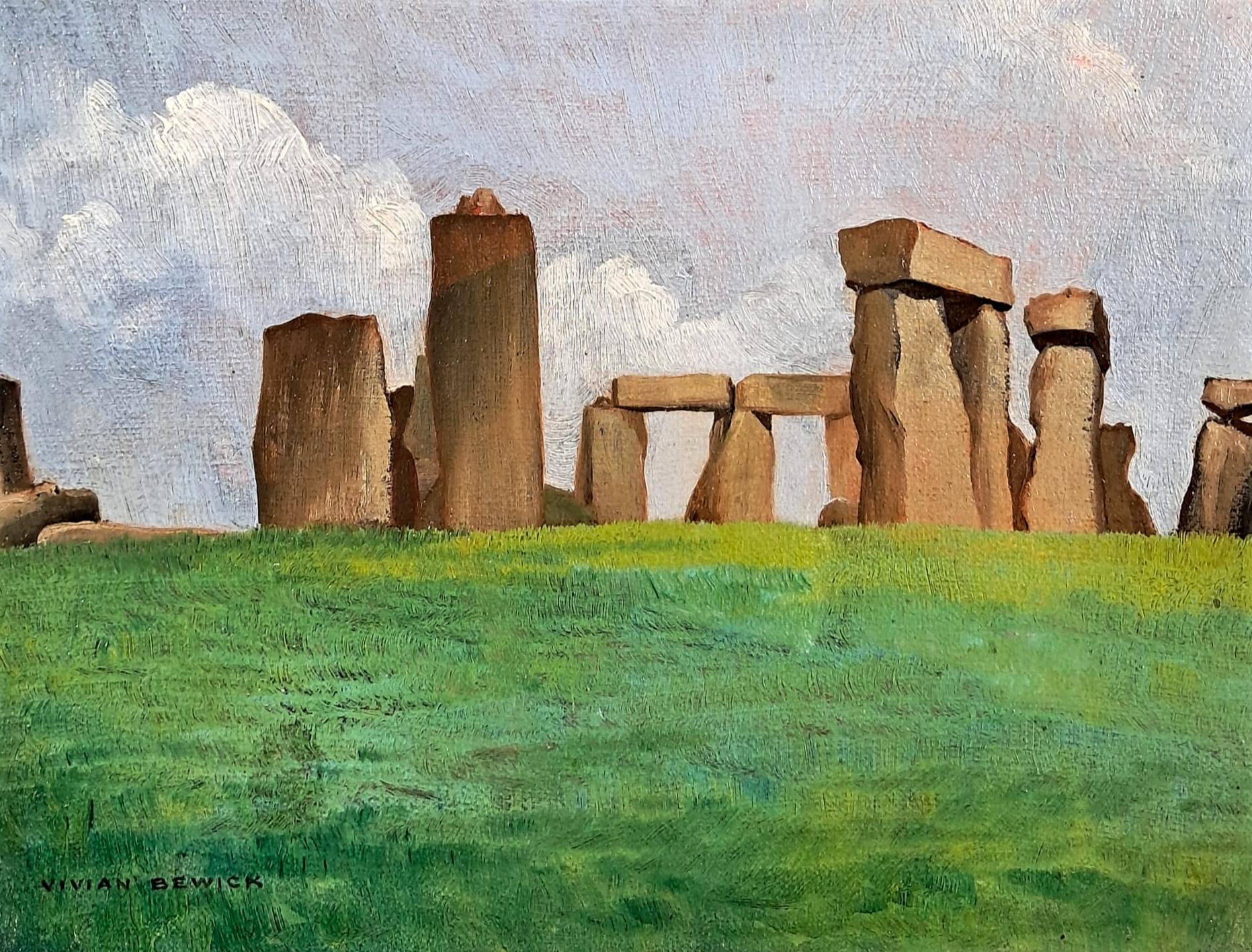 Stonehenge - Pittura ad olio di paesaggio britannico moderno della metà del XX secolo - Landscape Painting Grigio di Vivian Bewick