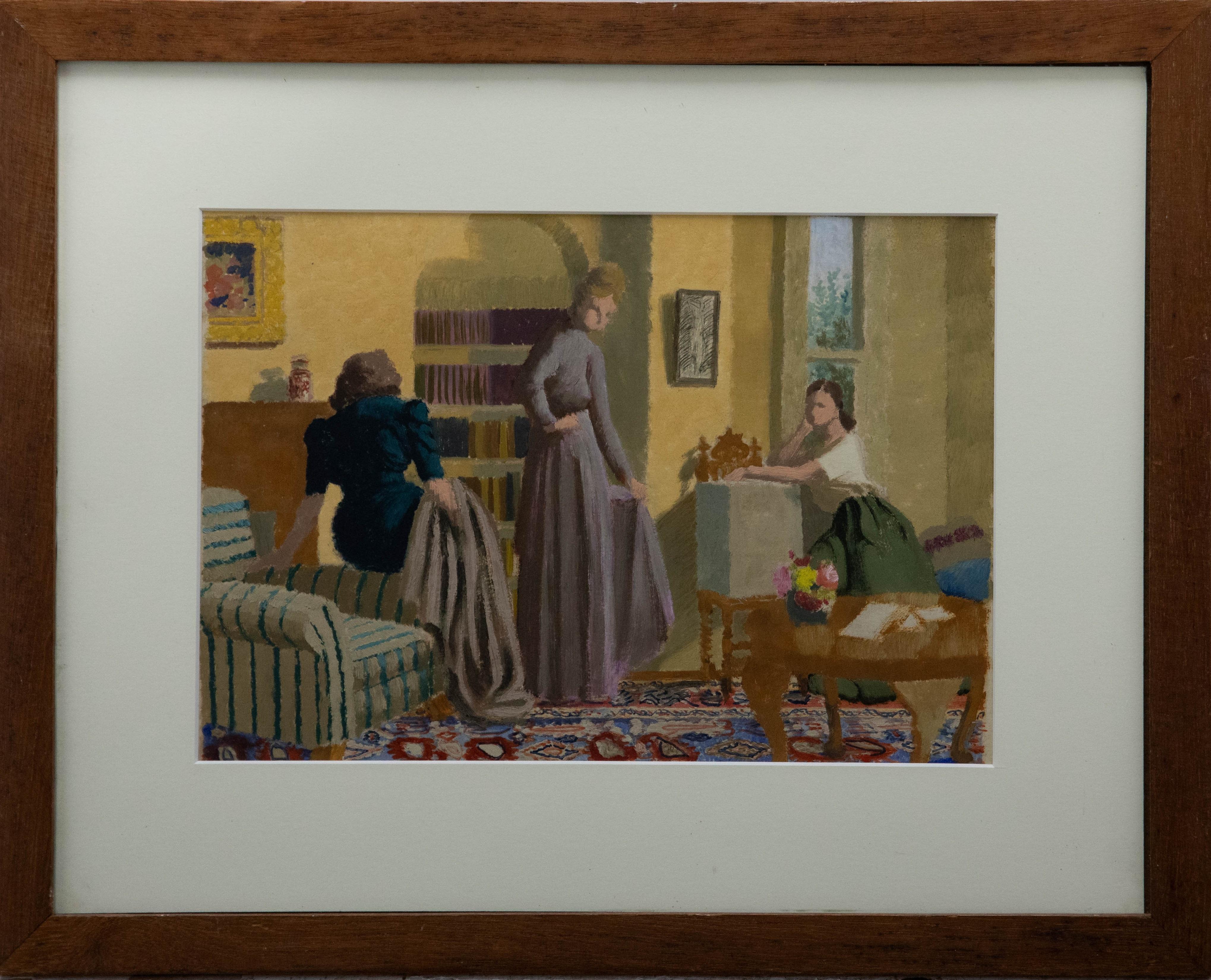 A fine interior study in oil by the British artist Vivian Berwick, depicting three ladies in a drawing room, variously posing while examining the dress of the central figure. The room is comfortably furnished with a striped armchair and a brightly