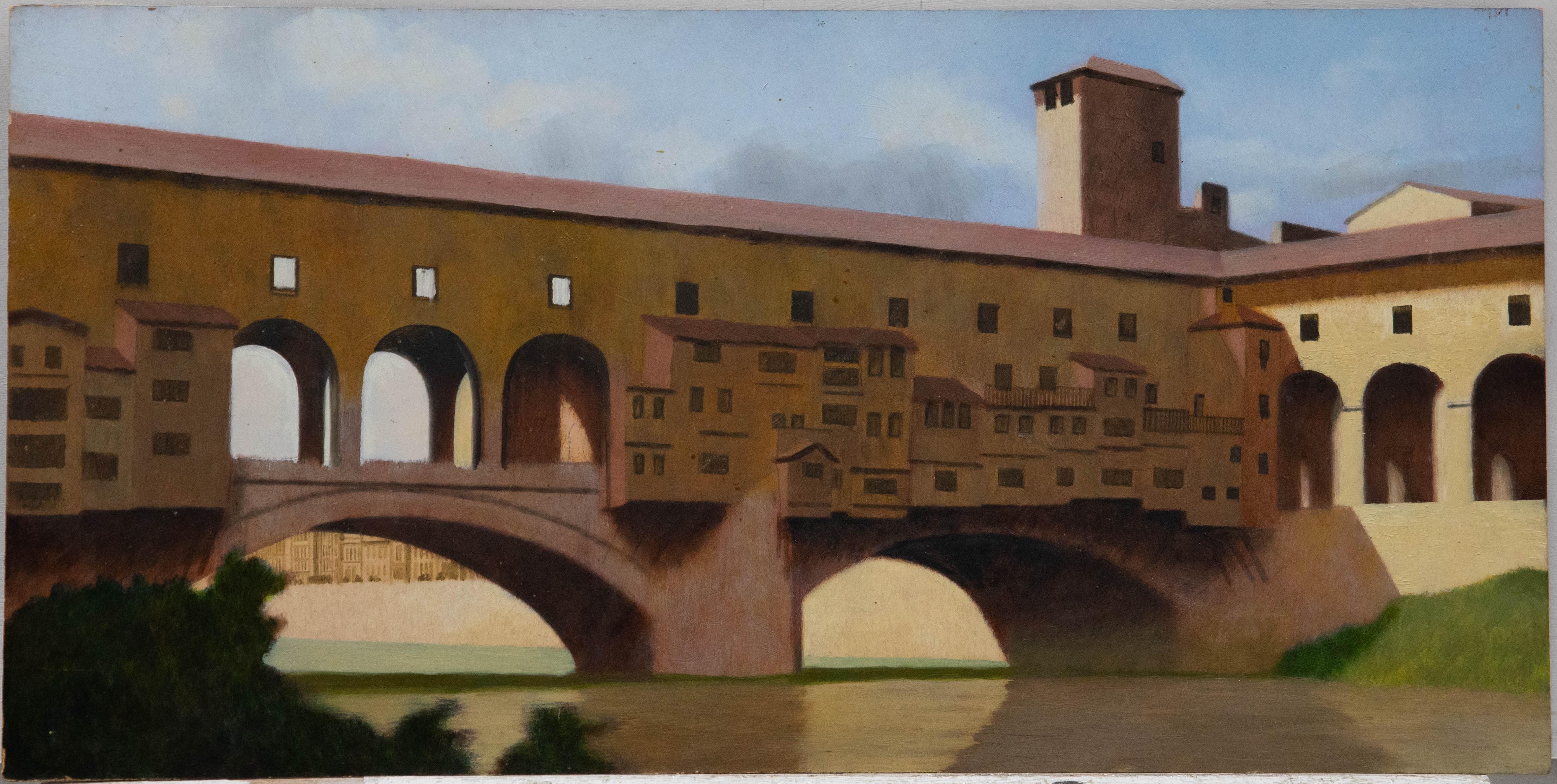 A fine oil depicting the famous Ponte Vecchio on the Arno in Florence, Italy, by the artist Vivian Bewick. Unsigned. On board. 
