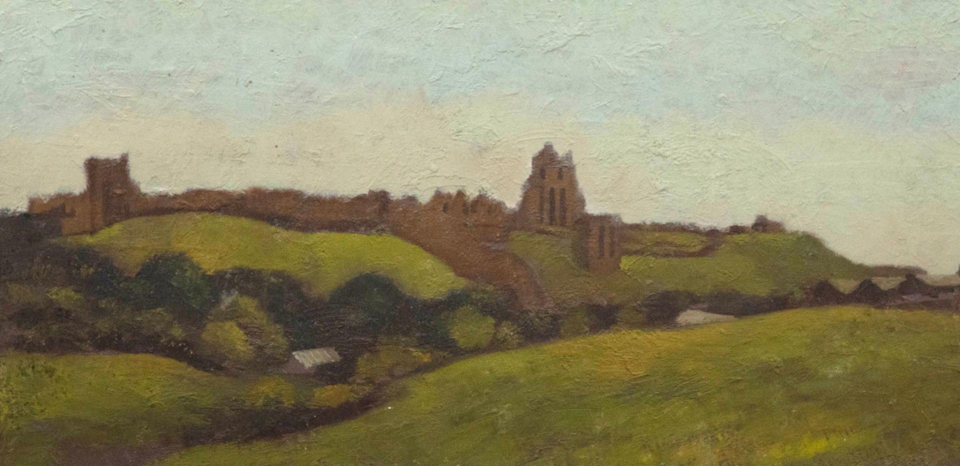 A fine oil by Vivian Bewick, depicting a ruined castle amongst rolling green hills, possibly Dunstanburgh Castle in Northumberland. Unsigned. On board. 