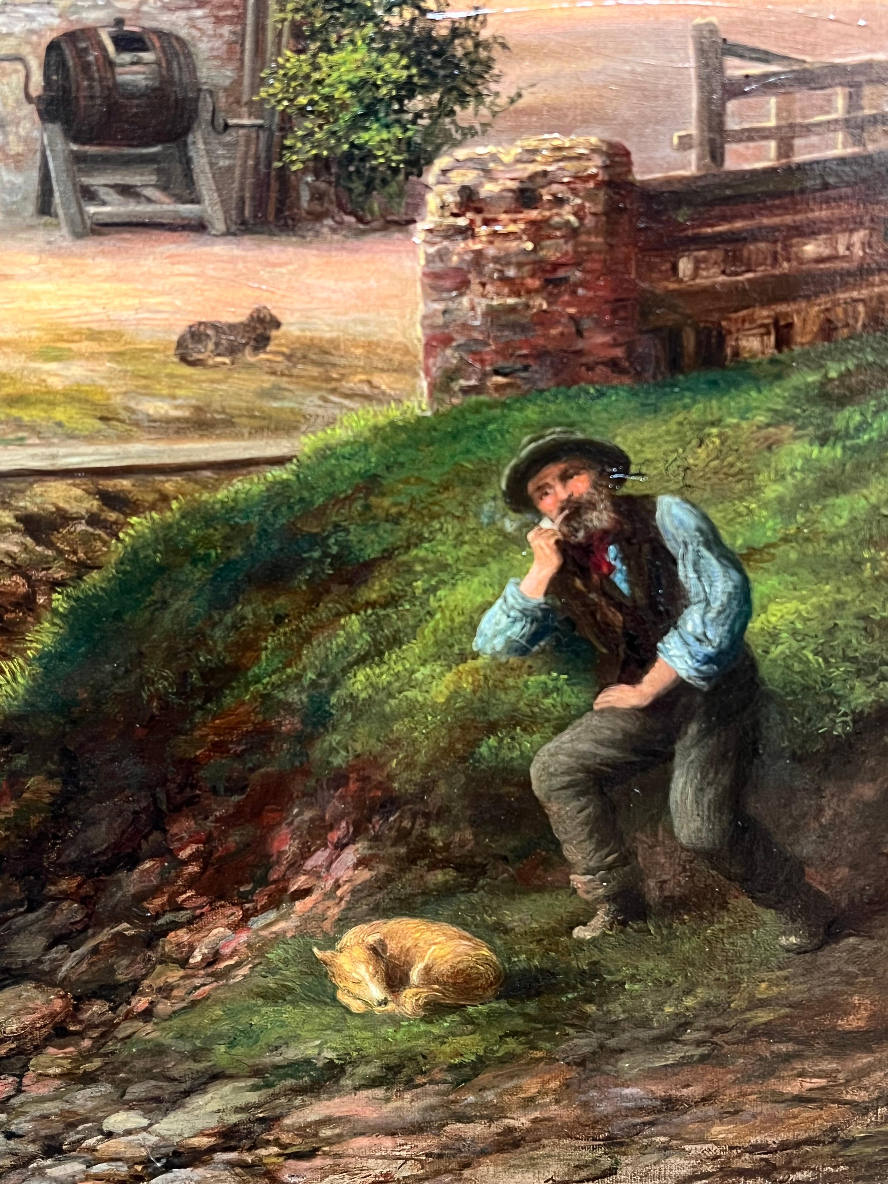 Grande olio britannico vittoriano firmato Vita rurale Casa con ruscello Molte figure in vendita 5