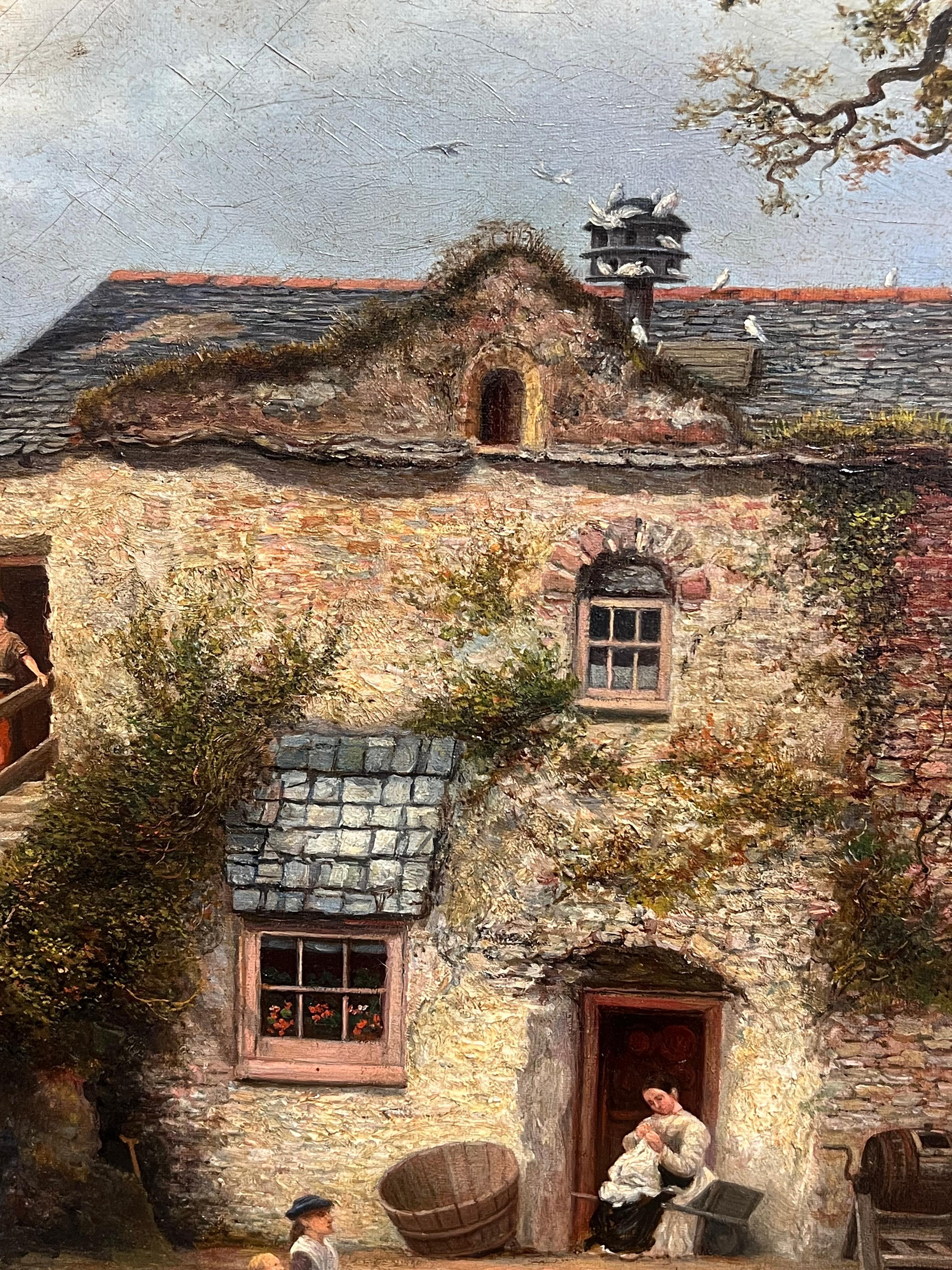 Grande olio britannico vittoriano firmato Vita rurale Casa con ruscello Molte figure - Landscape Painting Marrone di Vivian Crome