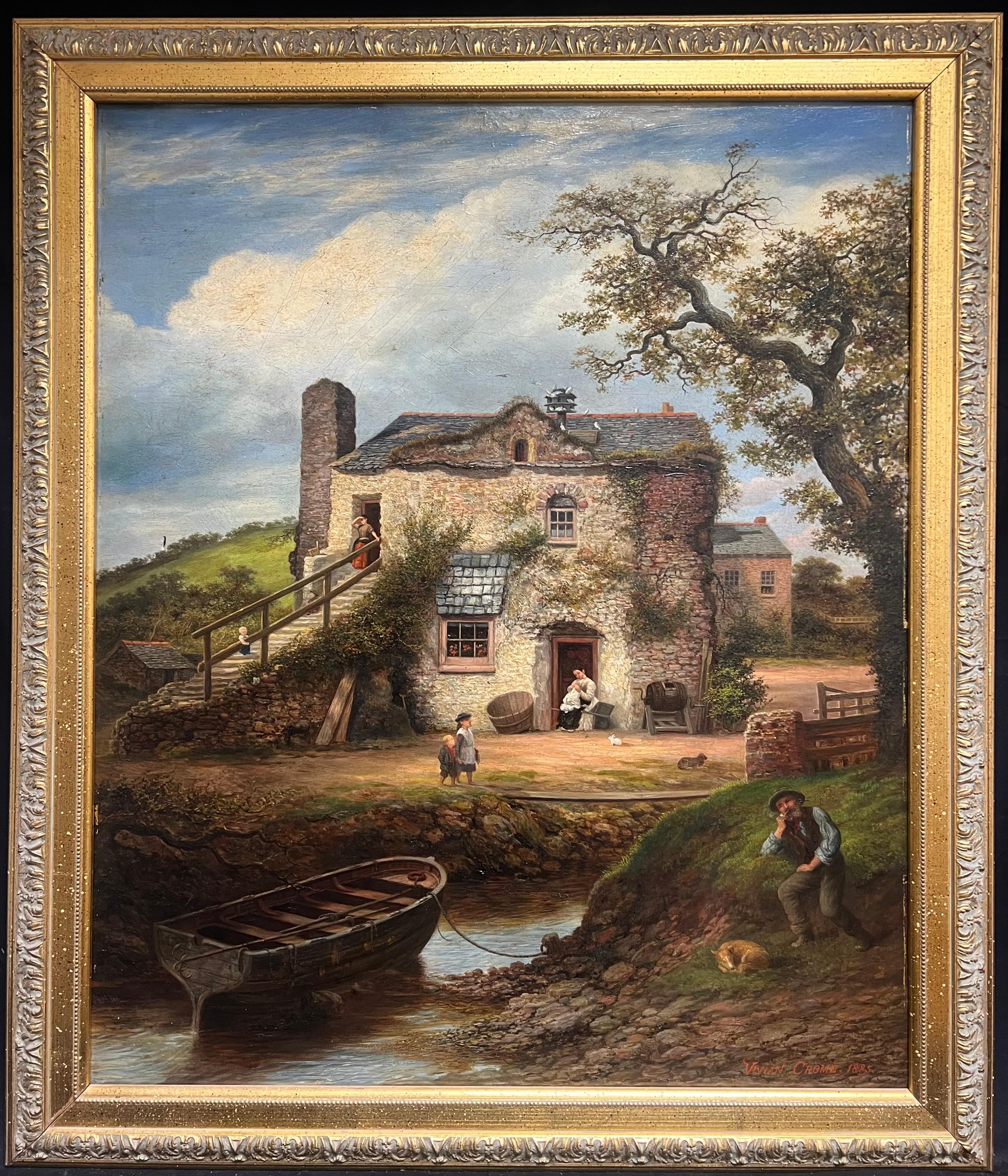 Landscape Painting di Vivian Crome - Grande olio britannico vittoriano firmato Vita rurale Casa con ruscello Molte figure