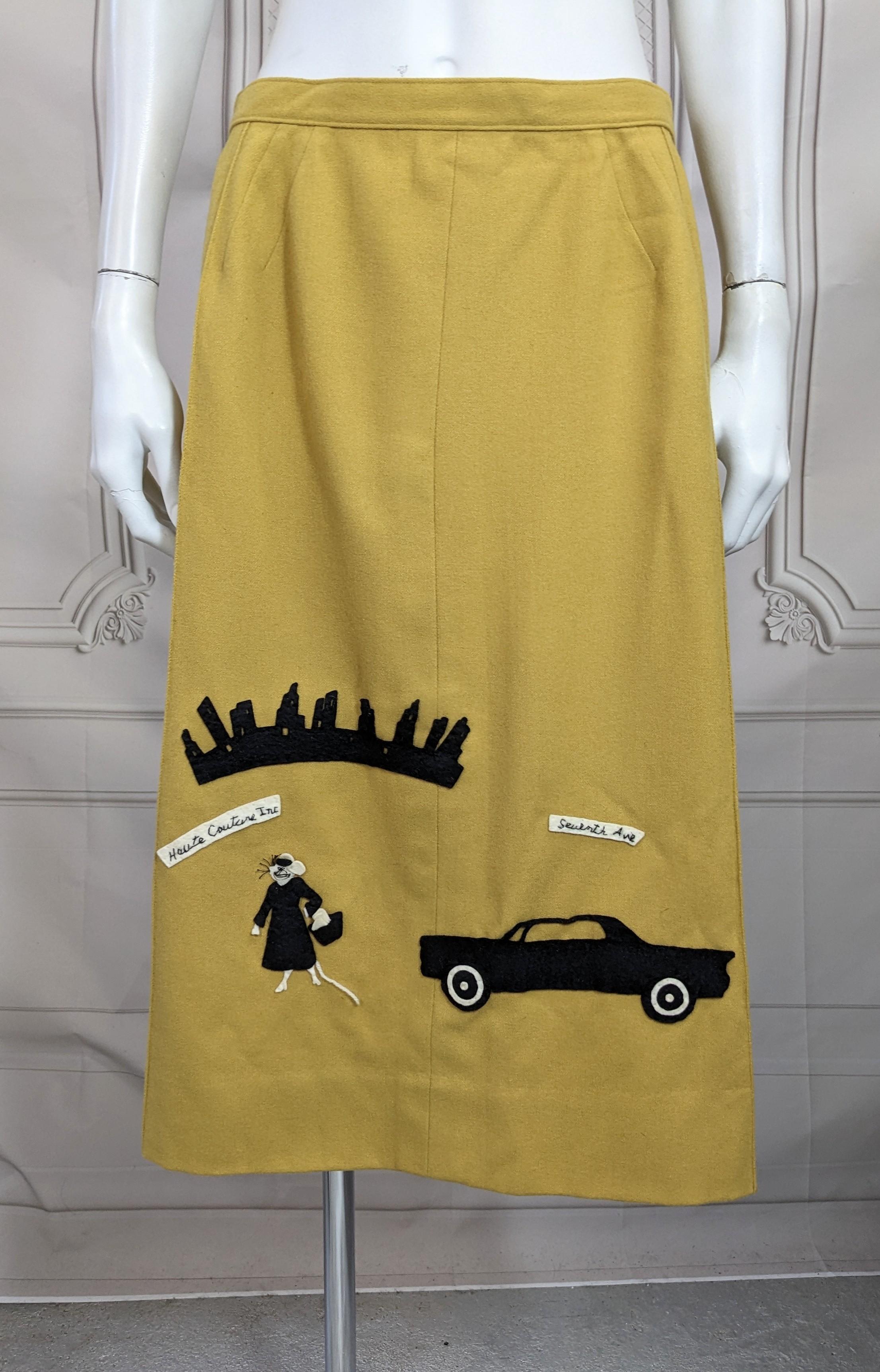 Rare Narrative Skirt by Vivian Custom of Saks Fifth Ave. with a Mousecapades Theme on mustard wool. Composed of hand cut, hand sewn, appliqued and embroidered New York City fashion vignettes of a fashion mouse performing various tasks at a 7th Ave.