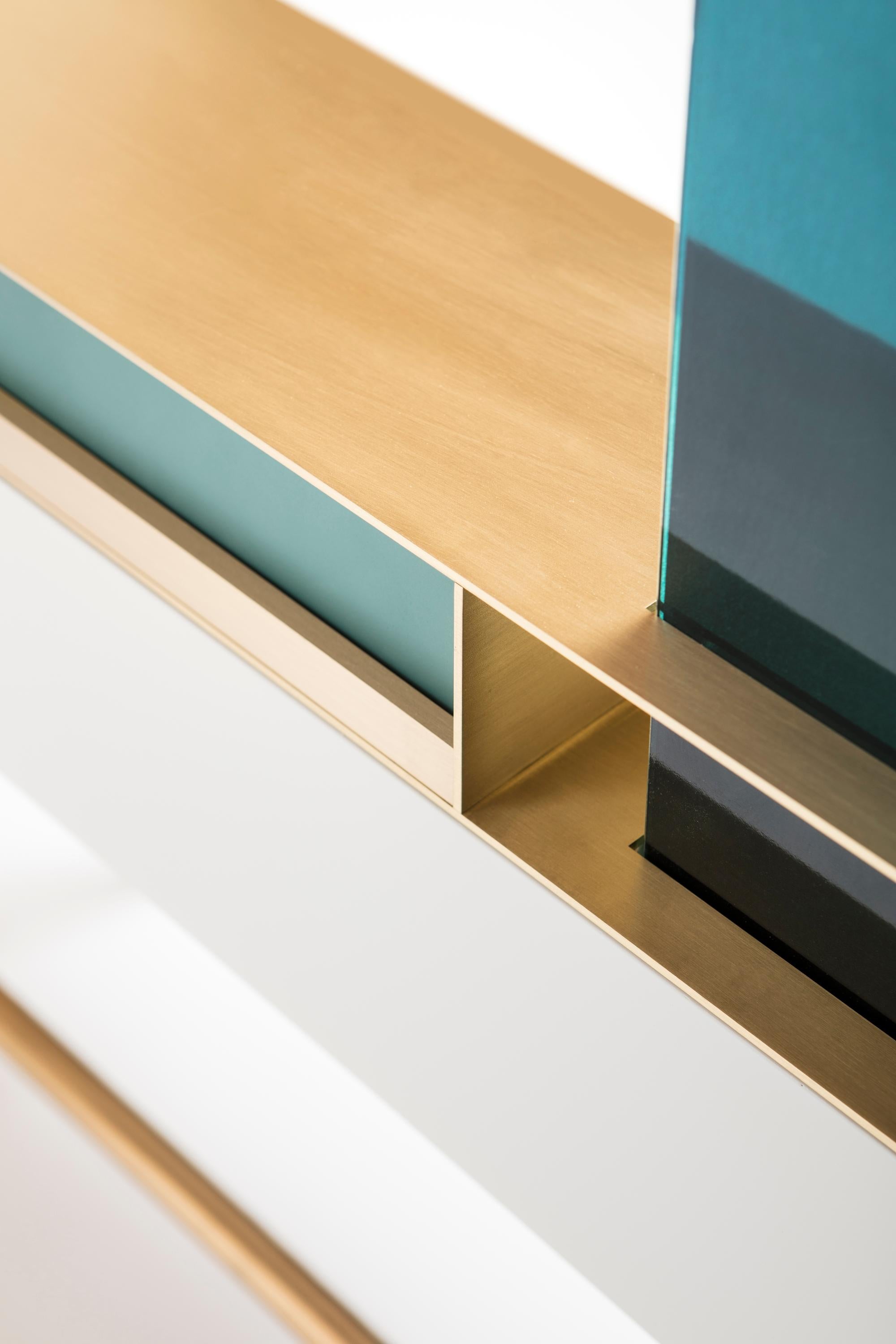 Modern Vivian Beauty Desk, in brass, glass and wood, by Accardi Buccheri for Medulum For Sale
