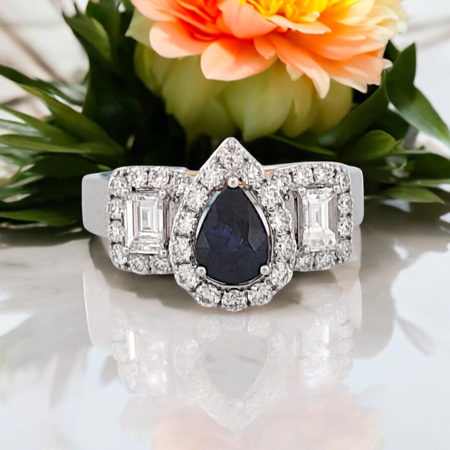 Antique Cushion Cut Vivian  Elegant 18k White Gold Ring with Sapphire Center Stone and Diamond Halo