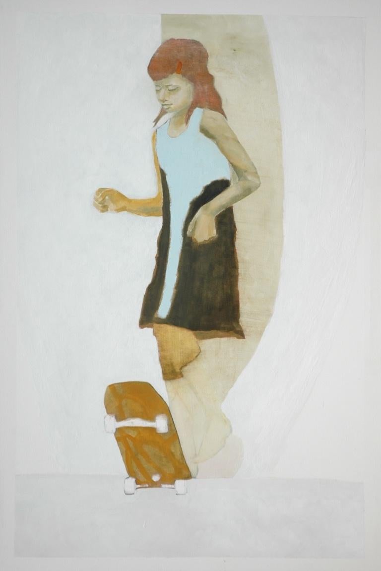 Vivian Kahra Portrait Painting - Barefoot, oil painting of young girl skateboarding, neutral colors